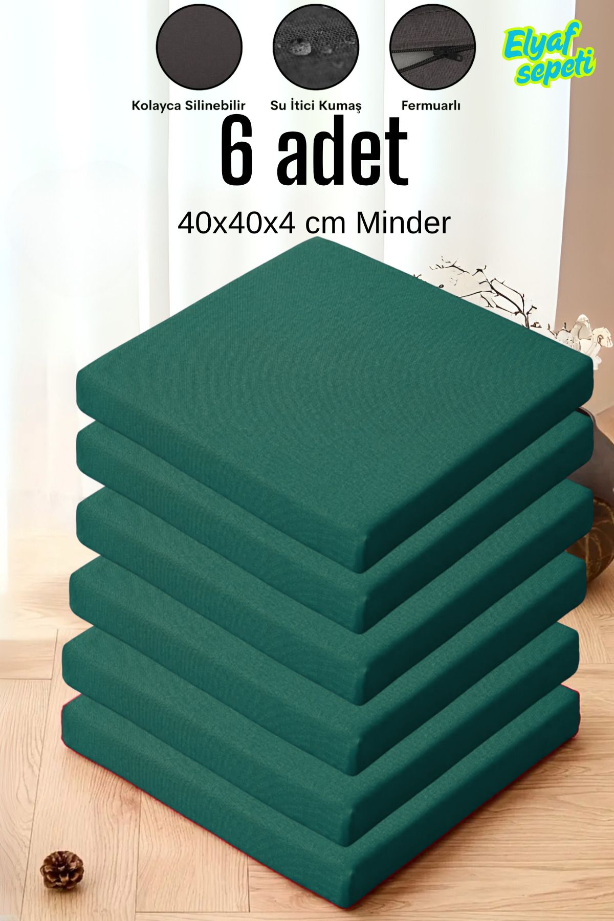 Elyaf Sepeti 6'lı Sandalye Minderi Fermuarlı Su Itici Kumaş 40x40x4 Cm Sünger Sandalye Minderi Petrol Yeşili