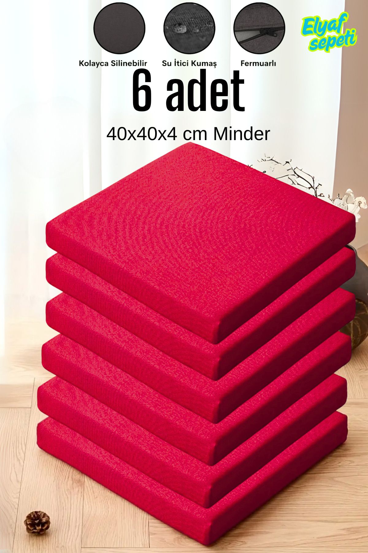 Elyaf Sepeti 6'lı Sandalye Minderi Fermuarlı Su Itici Kumaş 40x40x4 Cm Sünger Sandalye Minderi KIRMIZI