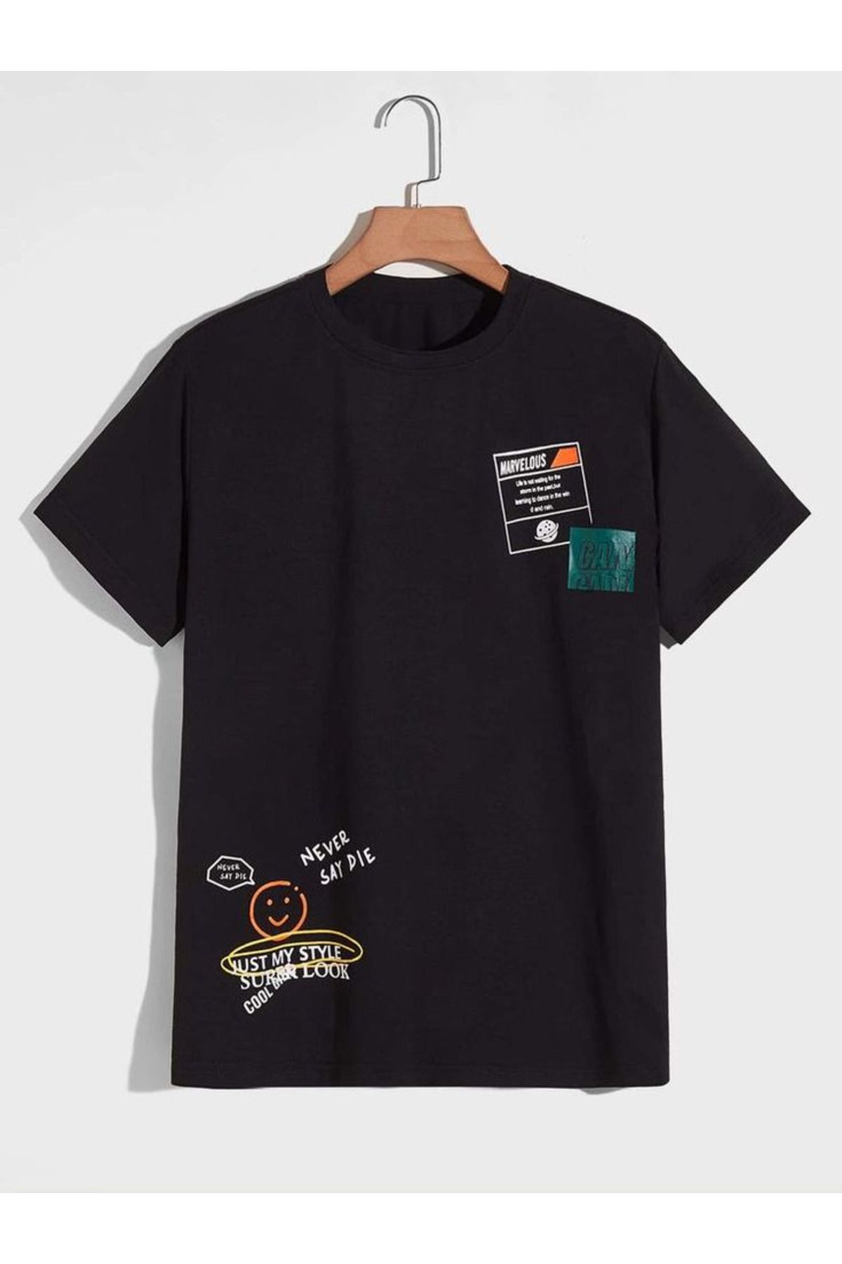 aynewmoda Unisex Geo Baskılı Smiley Tişört Yeni Varış Sokak Giyimi Büyük Beden
