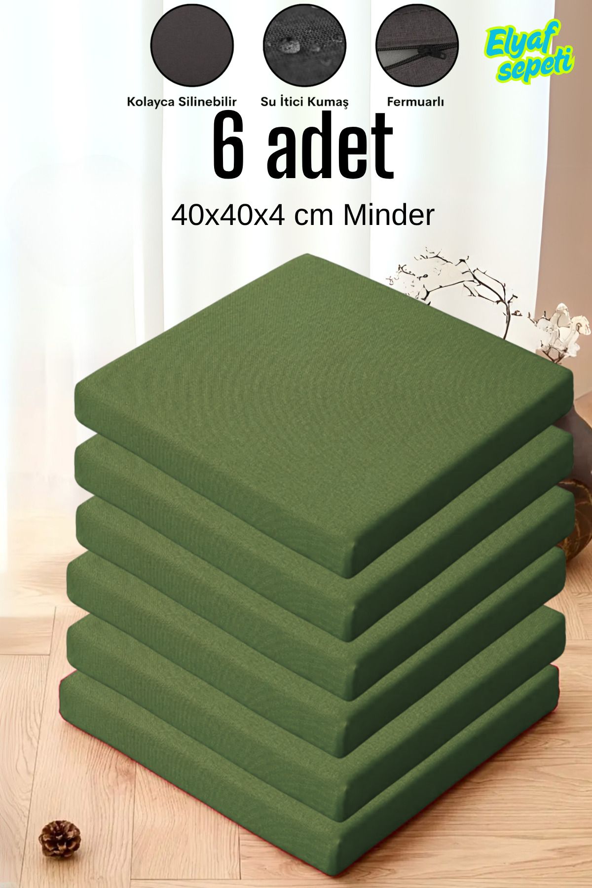 Elyaf Sepeti 6'lı Sandalye Minderi Fermuarlı Su Itici Kumaş 40x40x4 Cm Sünger Sandalye Minderi Haki Yeşil