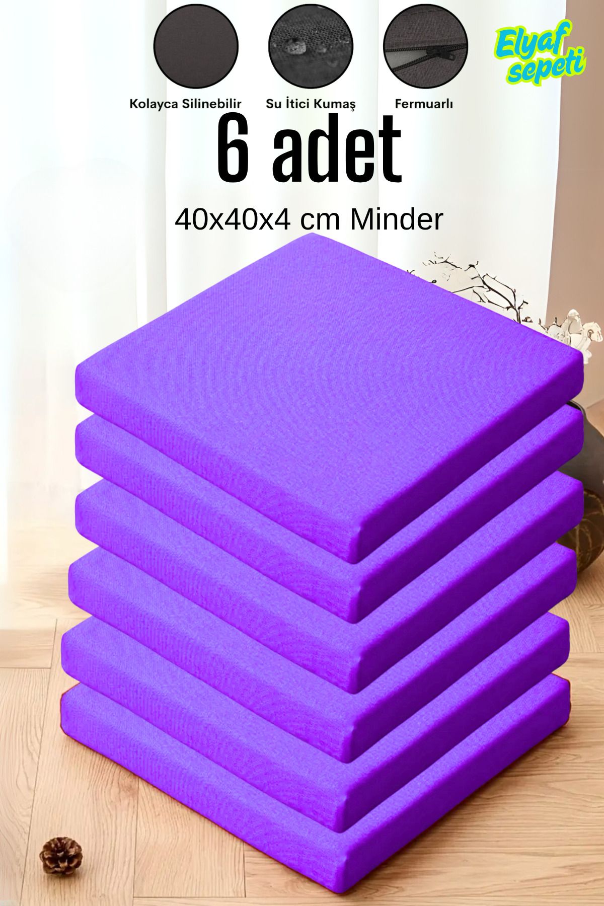 Elyaf Sepeti 6'lı Sandalye Minderi Fermuarlı Su Itici Kumaş 40x40x4 Cm Sünger Sandalye Minderi LİLA
