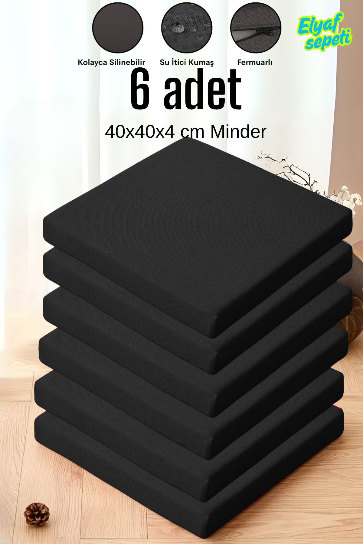 Elyaf Sepeti 6'lı Sandalye Minderi Fermuarlı Su Itici Kumaş 40x40x4 Cm Sünger Sandalye Minderi SİYAH