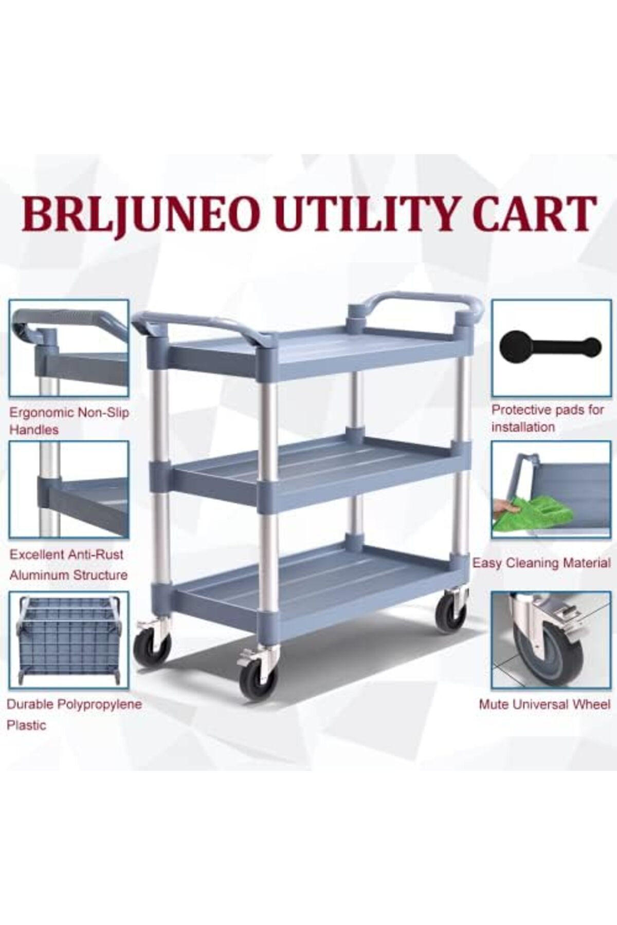 عربة خدمة 3 طبقات قوية بعجلات قابلة للقفل,سعة 500 باوند، متعددة الاستخدام للمطبخ والمكتب و المطاعم