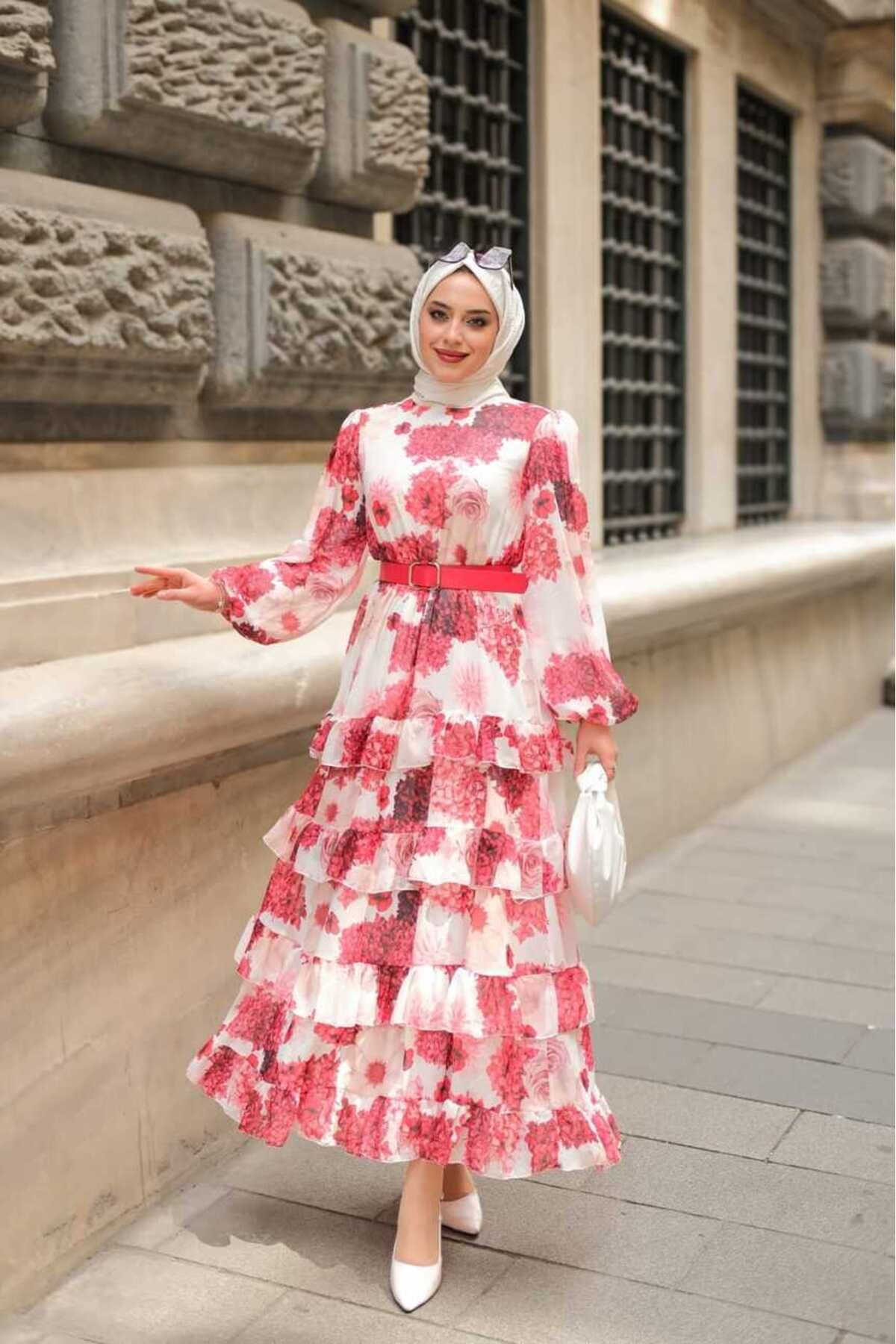 Butik Kadın çiçekli şifon kırmızı elbise