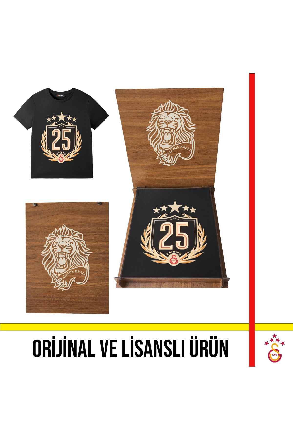 Galatasaray Lisanslı 2025 Şampiyonluk Özel Siyah Çocuk T-Shirt Aslan Ahşap Kutulu