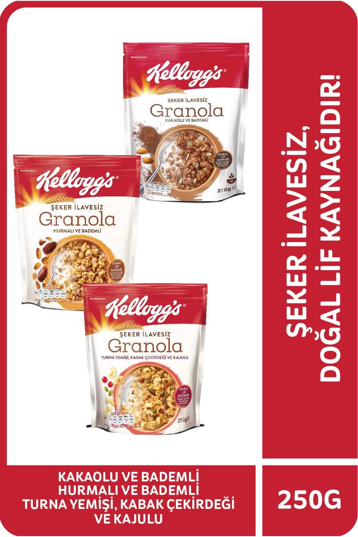 Kellogg's Granola Şeker İlavesiz 3'lü Paket, T.Yemişi, K.Çekirdeği Ve Kajulu&Hurmalı Ve Bademli&Kakaolu ve Hur