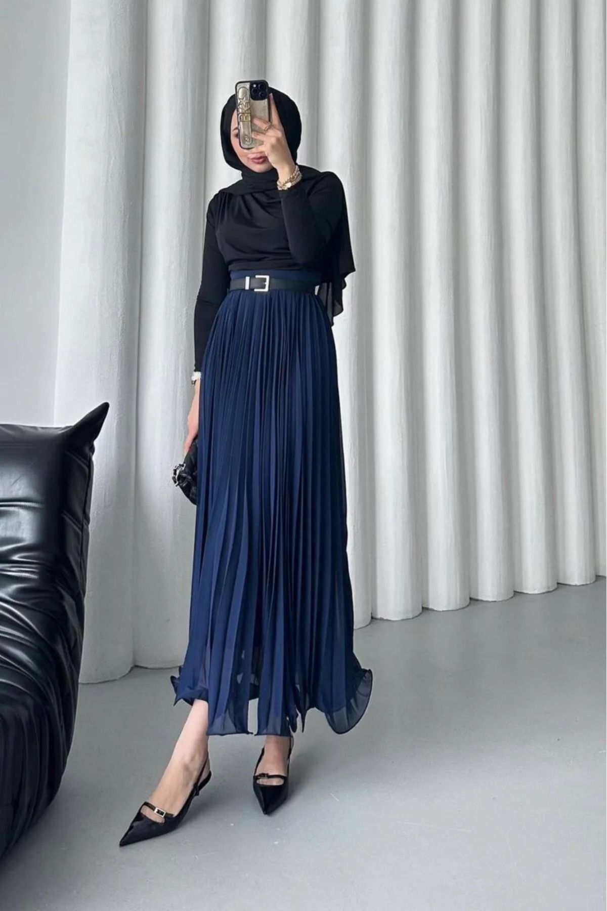 Diana Accessory Siyah Piliseli Rue Şifon Etek Piliseli Şifon Etek