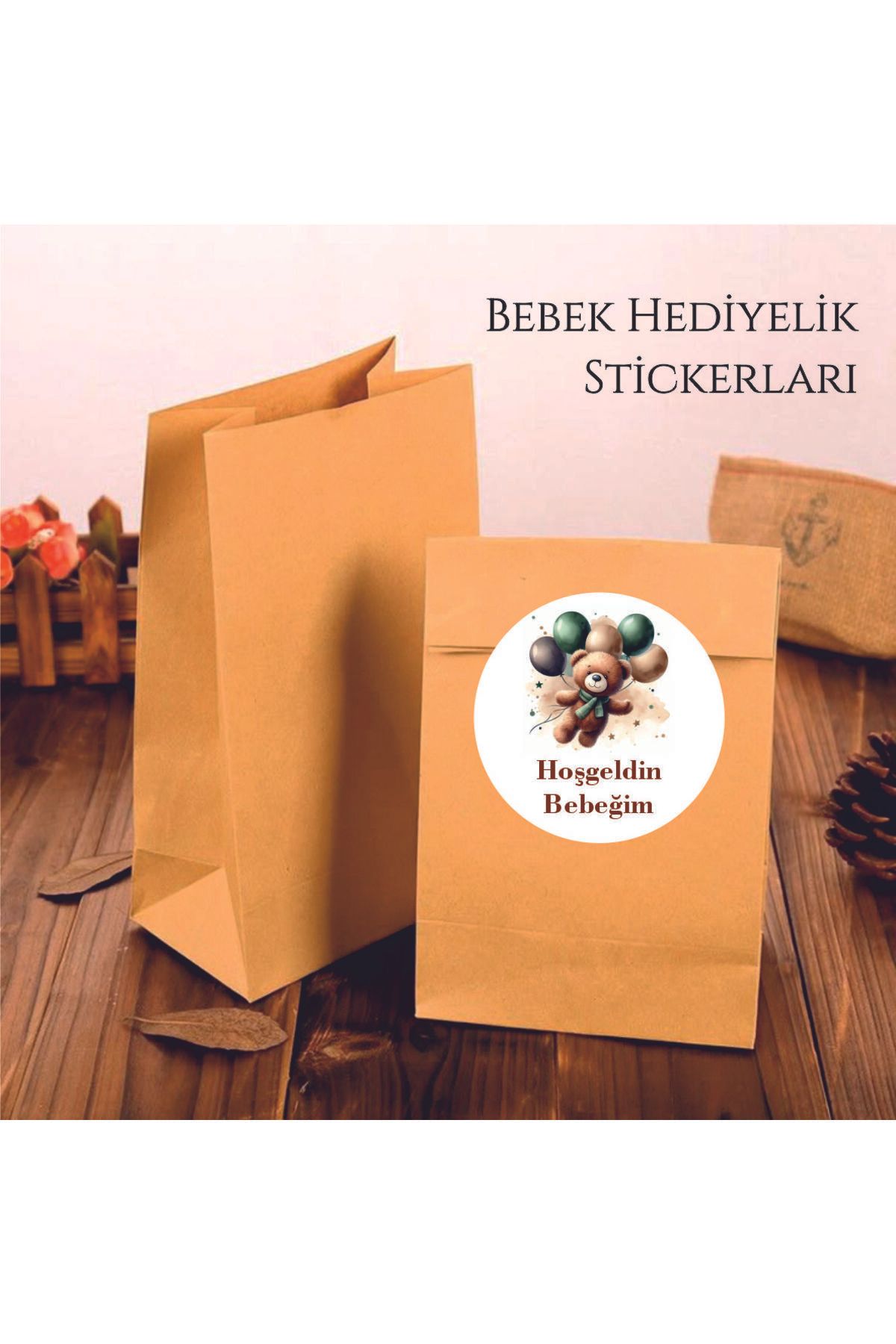 ETİKETİM Ayıcık Temalı Yeşil Balonlu Bebek Sticker 4 CM - 70 ADET
