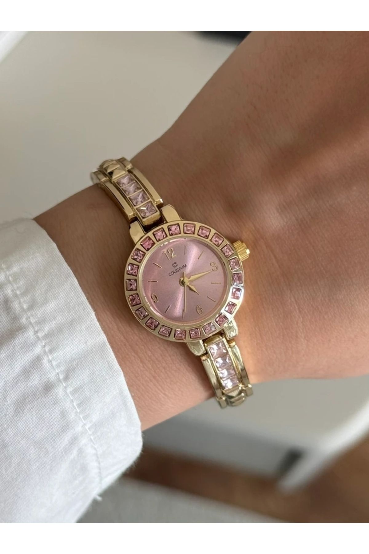 RoseandRoses Bellare Taşlı Kasa Kadın Kol Saati Gold (Pembe Kadran)