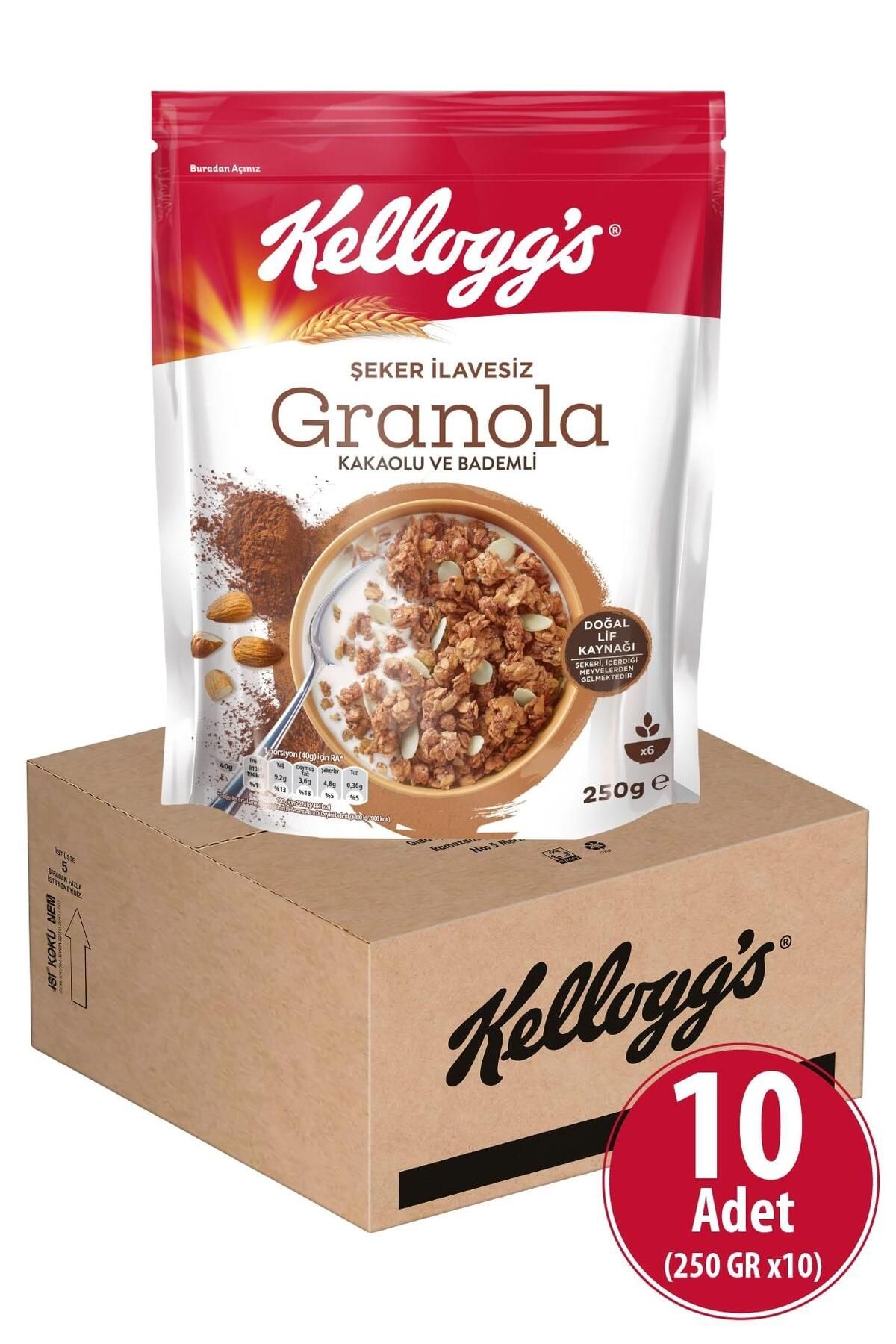 Kellogg's Şeker Ilavesiz Granola Kakao Ve Bademli 250x10 ,%43 Yulaf Içerir, Lif Kaynağı