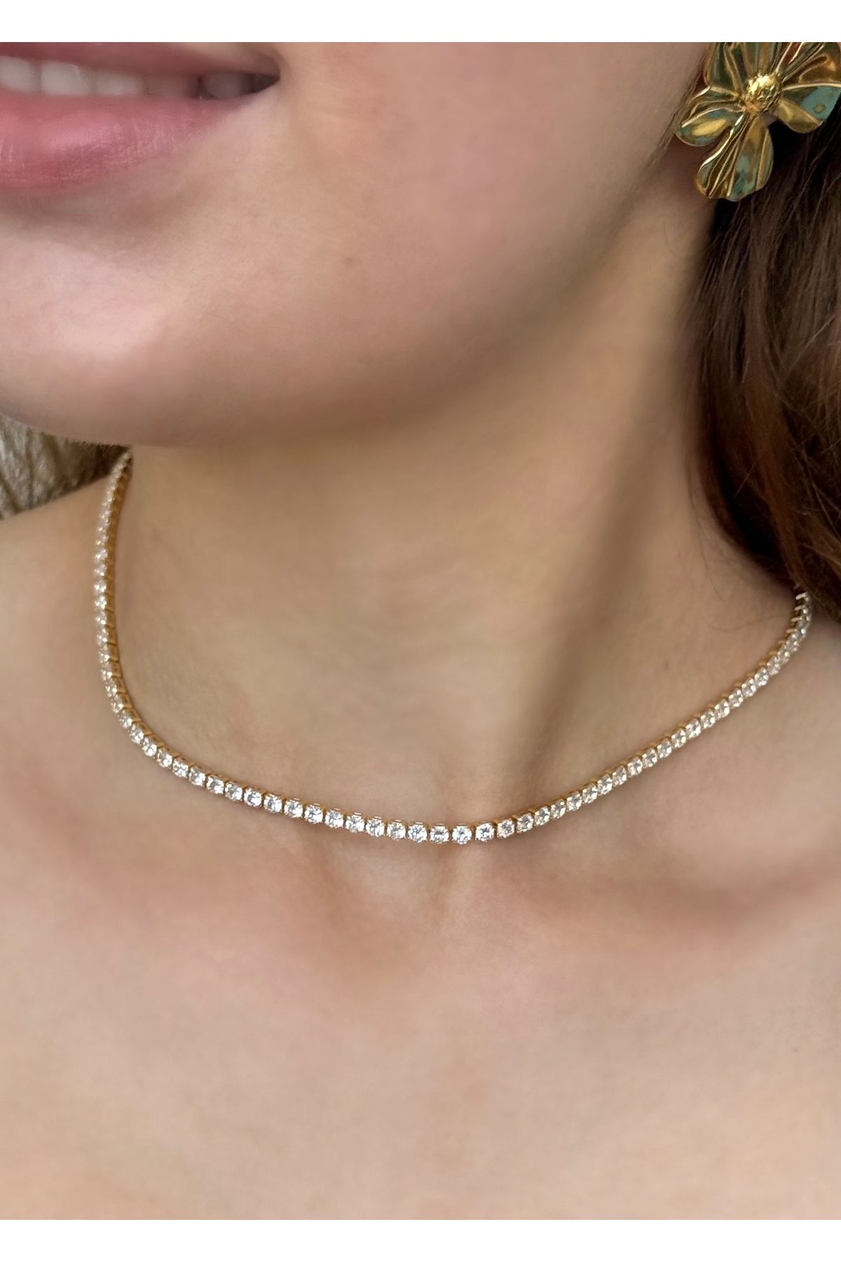 Home Sihra Accessories Altın renk zirkon taşlı su yolu choker kolye 3 mm