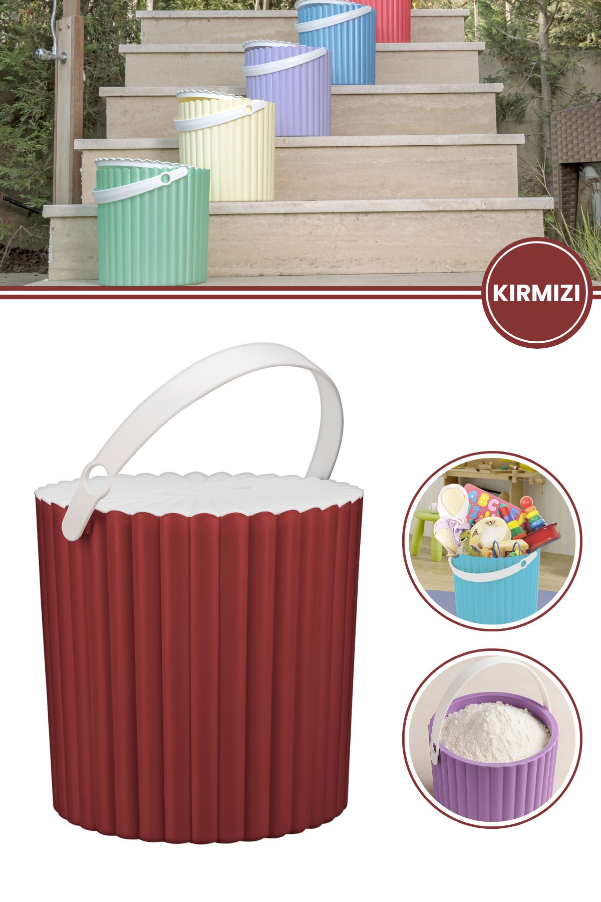12den Kulplu Kapaklı Çok Amaçlı Kova 12 Lt, Un Bakliyat Deterjan Oyuncak Temizlik Kovası (25x25cm) Kırmızı