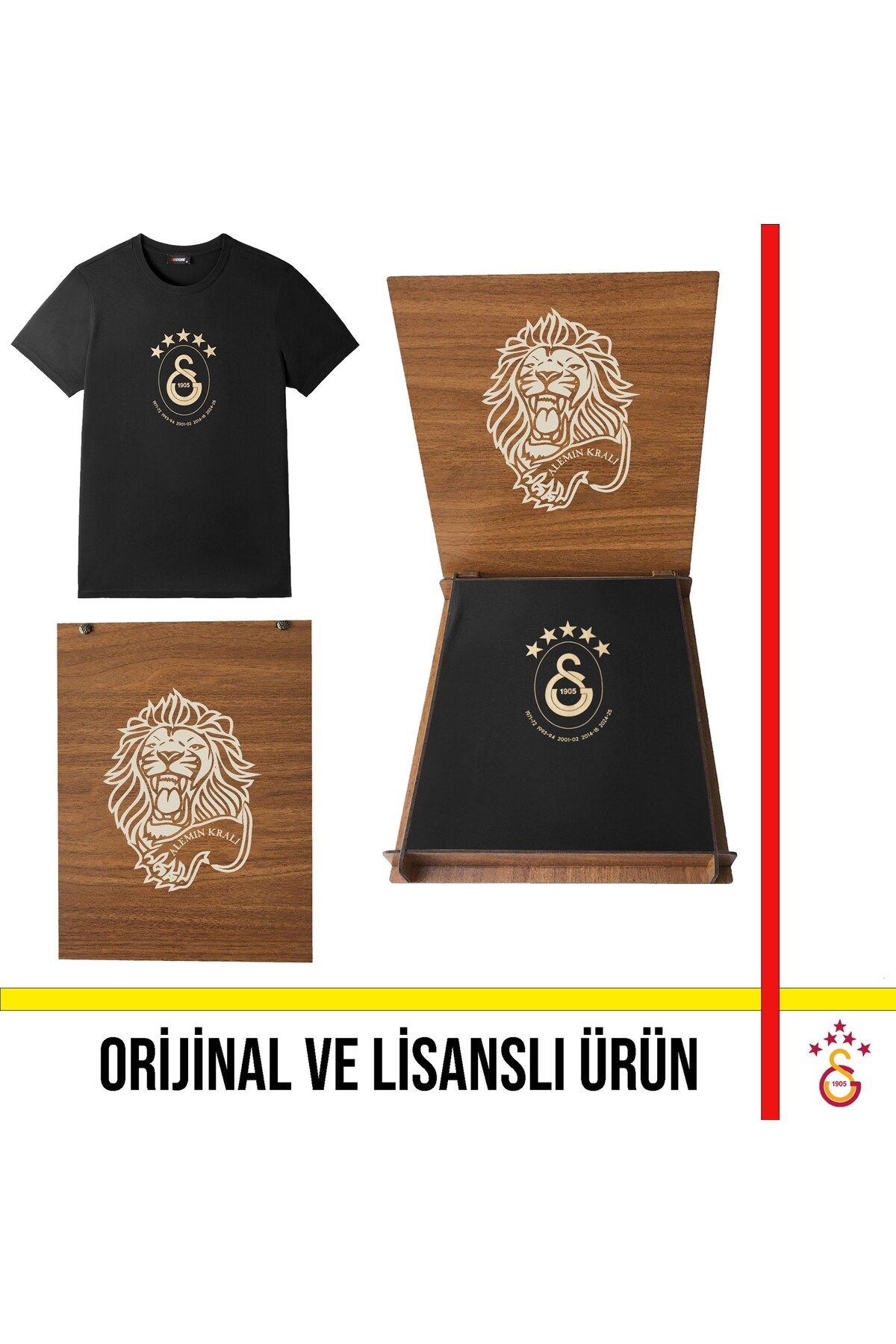 Galatasaray Lisanslı 2025 Logolu Şampiyonluk Siyah T-Shirt Aslan Ahşap Kutulu