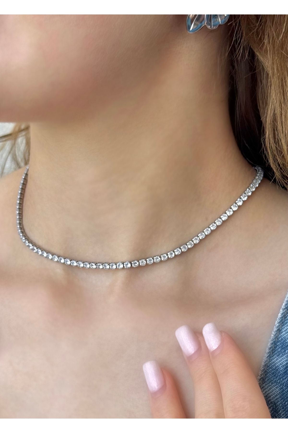 Home Sihra Accessories gümüş renk zirkon taşlı su yolu choker kolye 3 mm