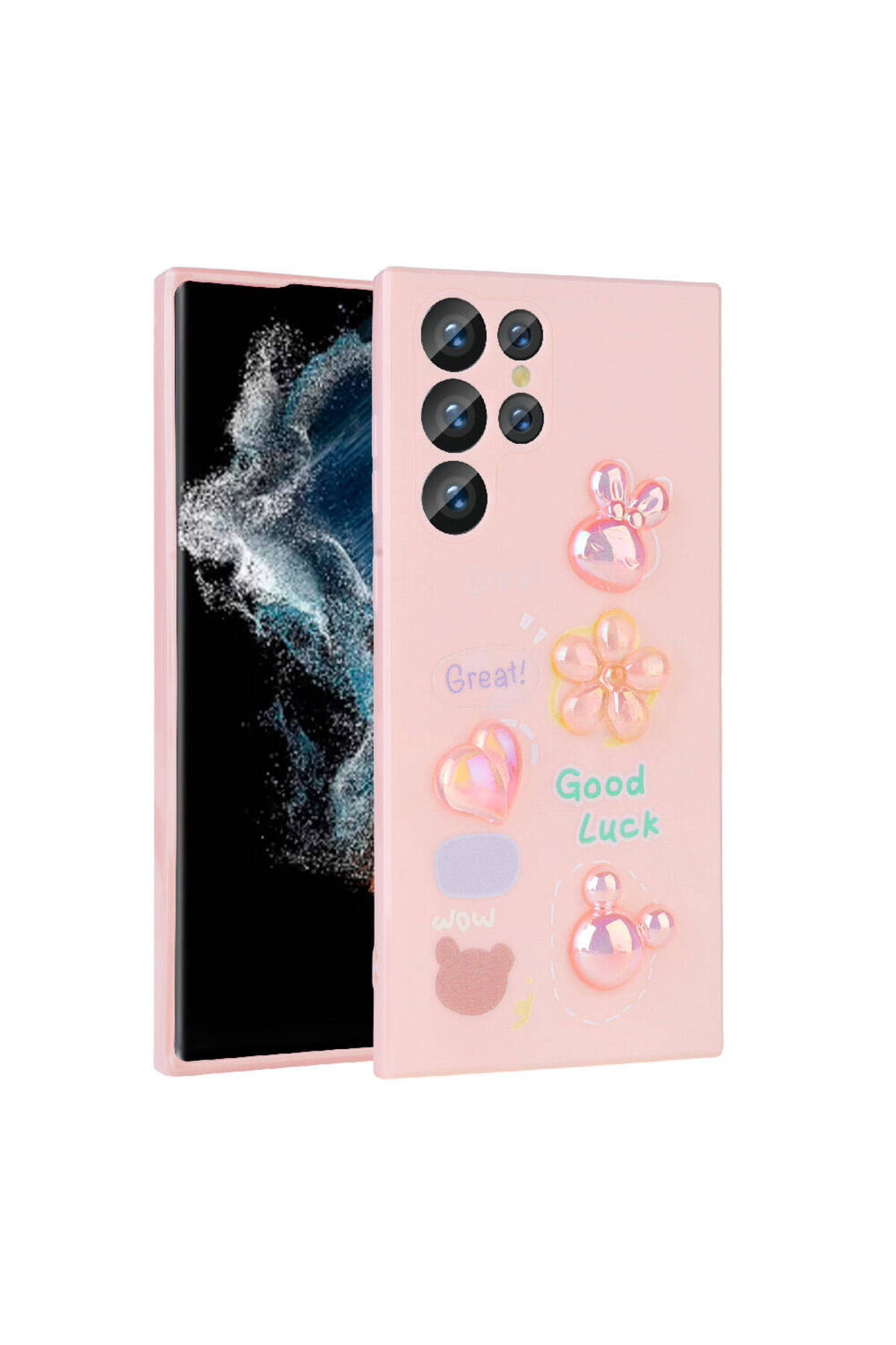 Galaxy S23 Ultra Uyumlu Kabartma Figürlü Parlak CRCR Toys Silikon Kılıf-Pembe