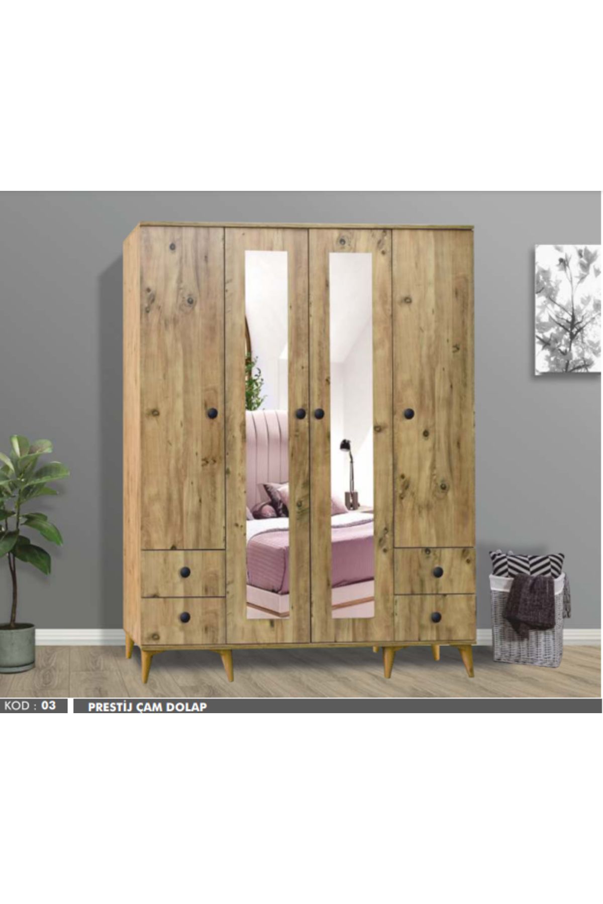 Yuvaset Home Prestij 4 Kapılı Aynalı Çam Dolap