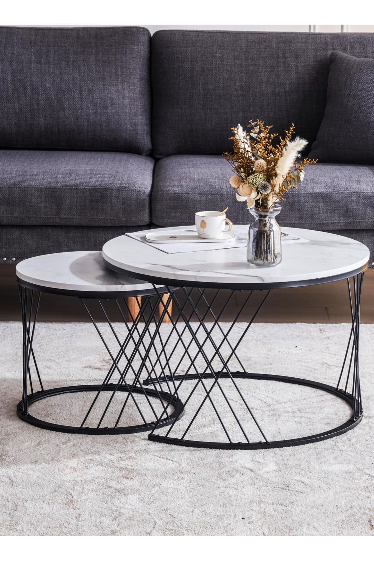 DBLEW-Set of 2 Modern White Faux Marble Finish Round Nesting Coffee Table Side Stackable Accent Tea Tables 8