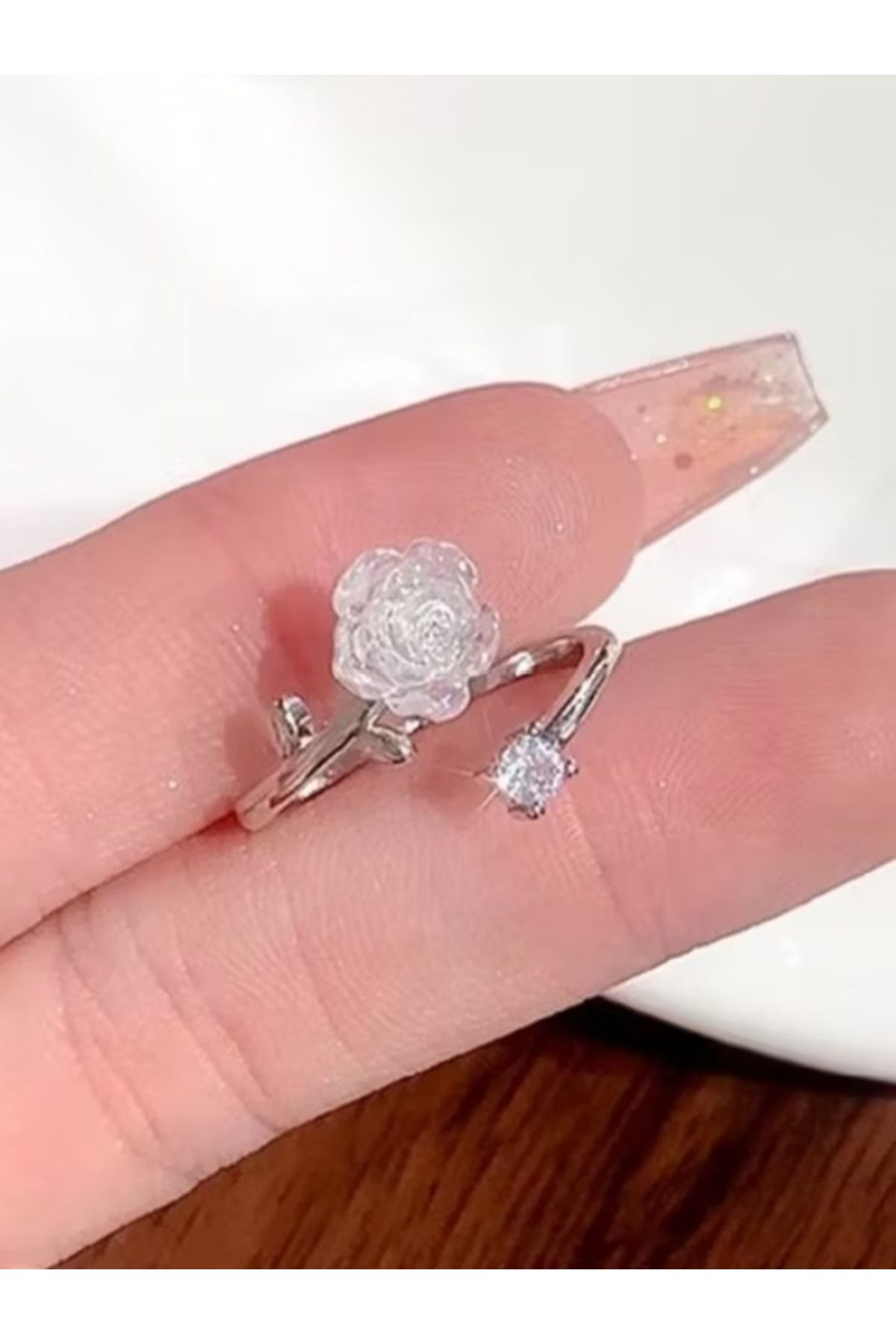 Shisa Jewel S925 kaplama gümüş yüzük, 3D kamelya deseni (Gumus renk) Free size boyut kadınlar için(04)