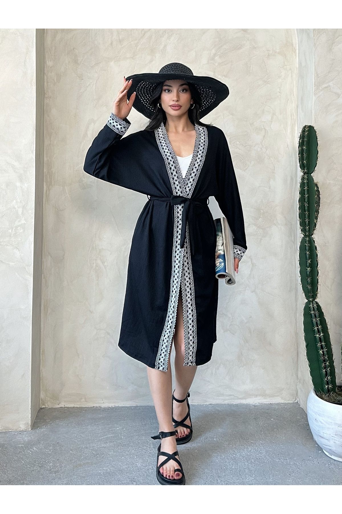 MD trend Kadın Kuşaklı Etnik Şeritli Kimono