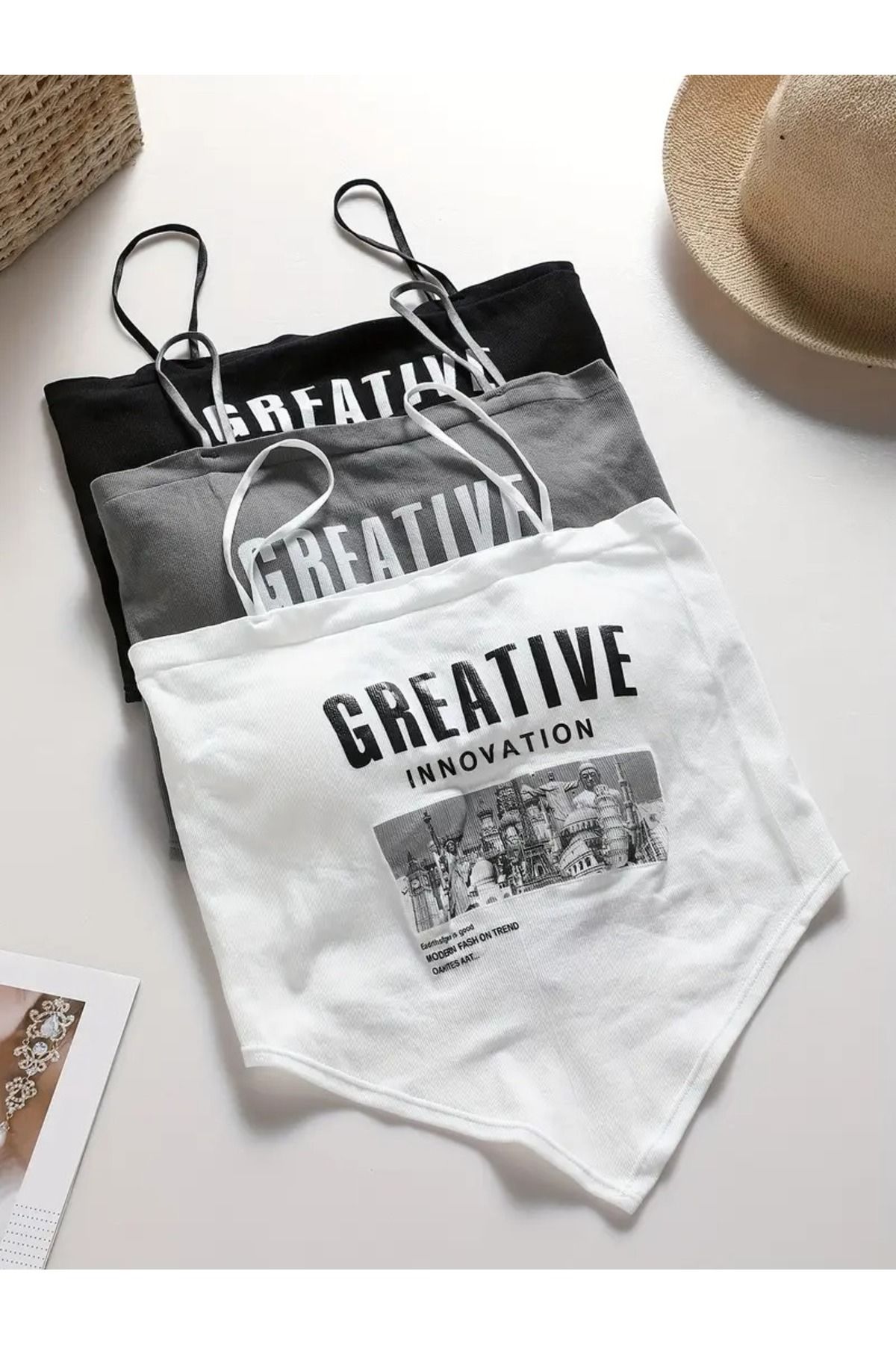 Machetta Kadın Greative Baskılı 3'lü Set Askılı Crop Bluz