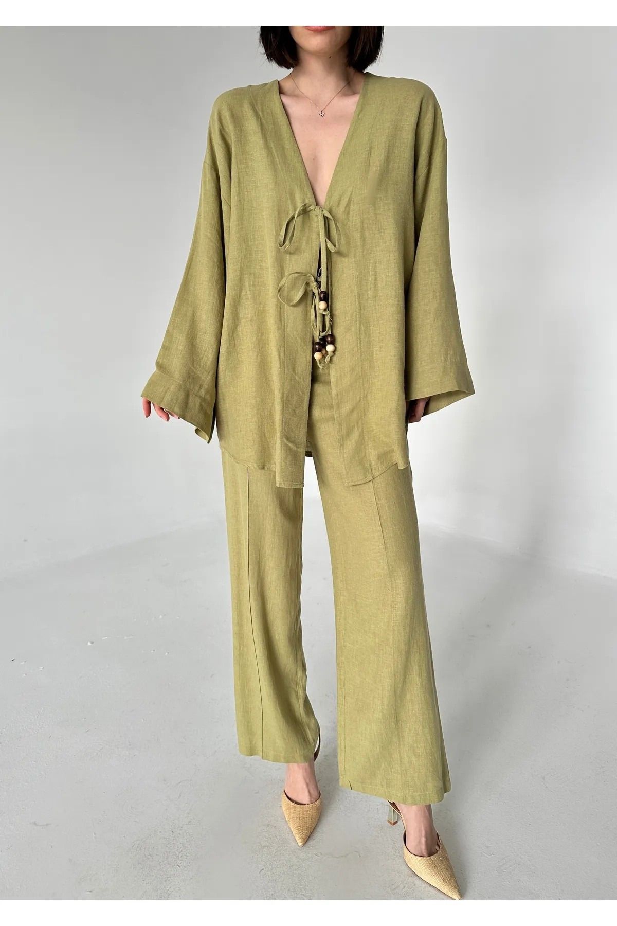 My Blog Haki Boncuklu Kimono Keten Takım - 8321