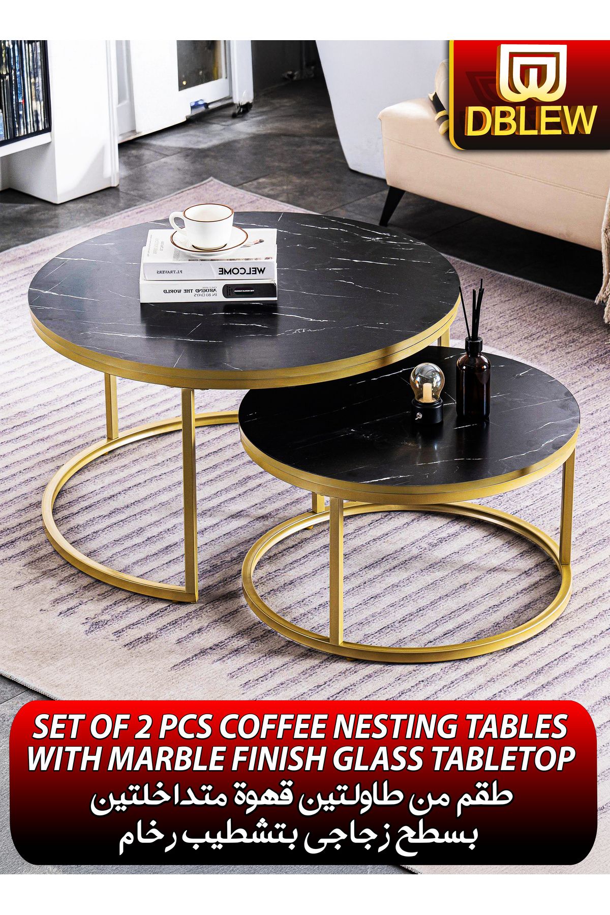DBLEW-Set of 2 Modern Black Faux Marble Finish Round Nesting Coffee Table Side Stackable Accent Tea Tables 1