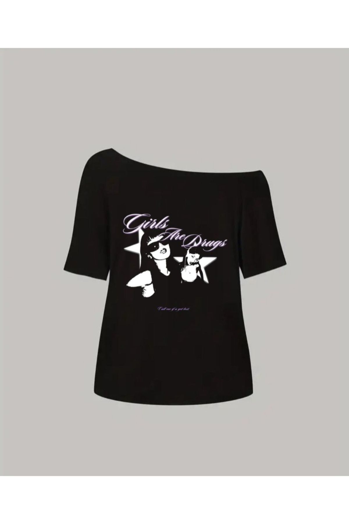 npLStore Kadın Düşük Omuz Kayık Yaka Baskılı T-shirt