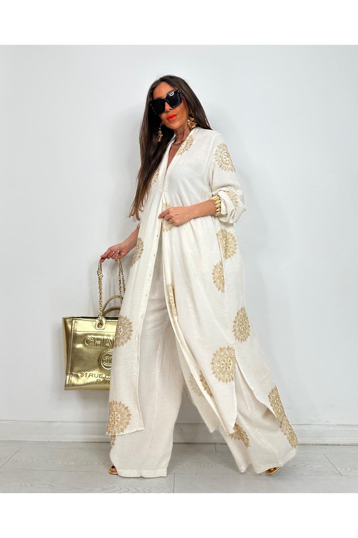 MADAME MELEK Glow Nakışlı Kimono Takın Uzun Maxi Boy Gömlek Pantolonlu Takım