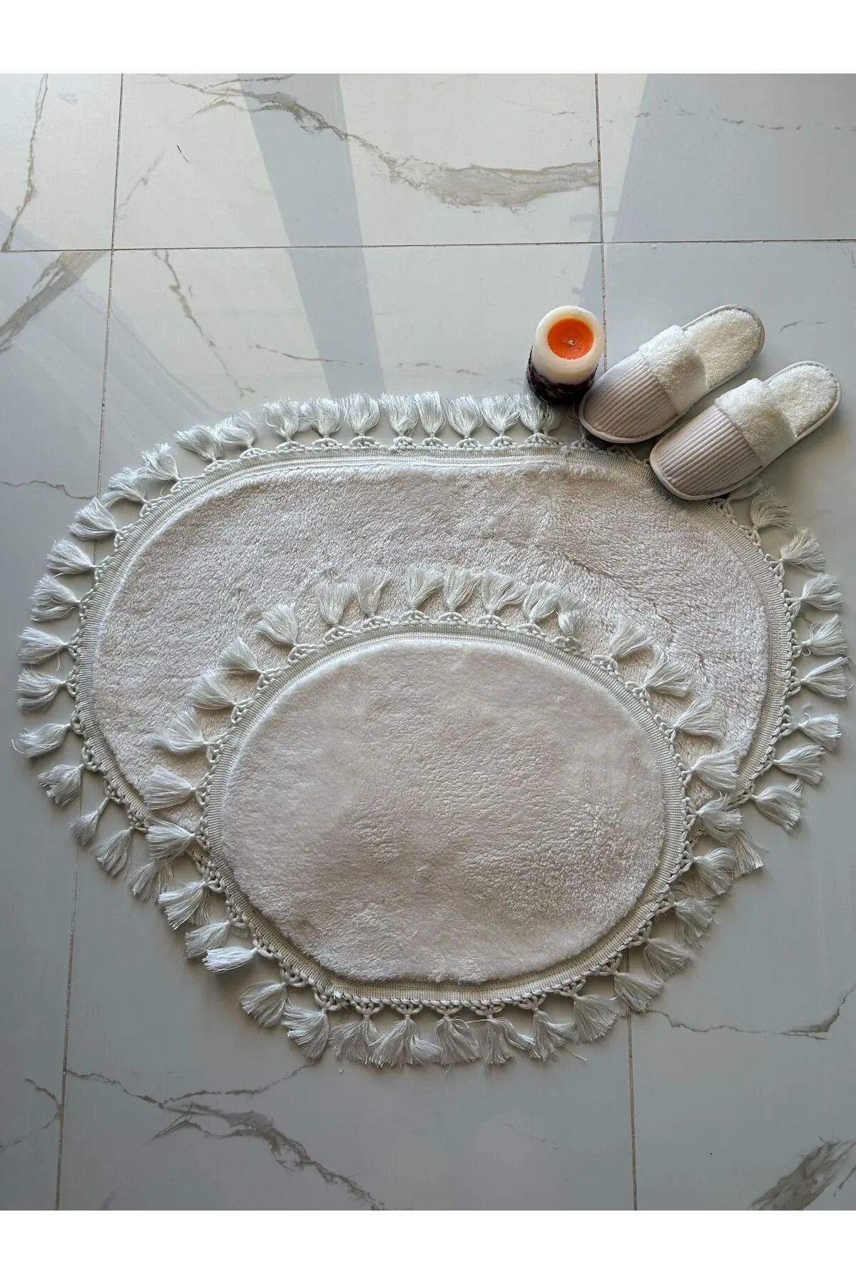 BSB HOME LİVİNG Puffy Peluş Makinede Yıkanabilir Oval Saçaklı Modern Oval Klozet Takımı Ekru 60 x100-60x50
