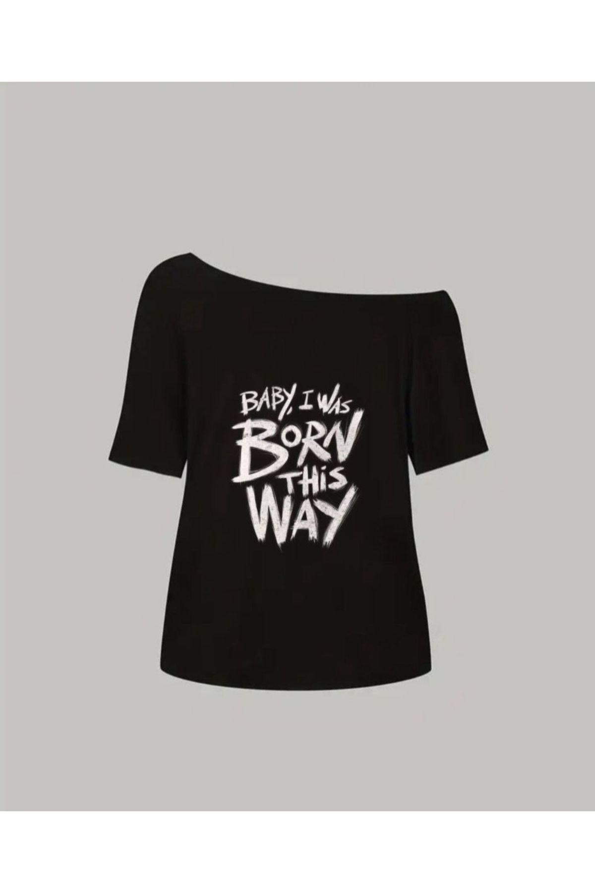 npLStore Kadın Düşük Omuz Kayık Yaka Baskılı T-shirt