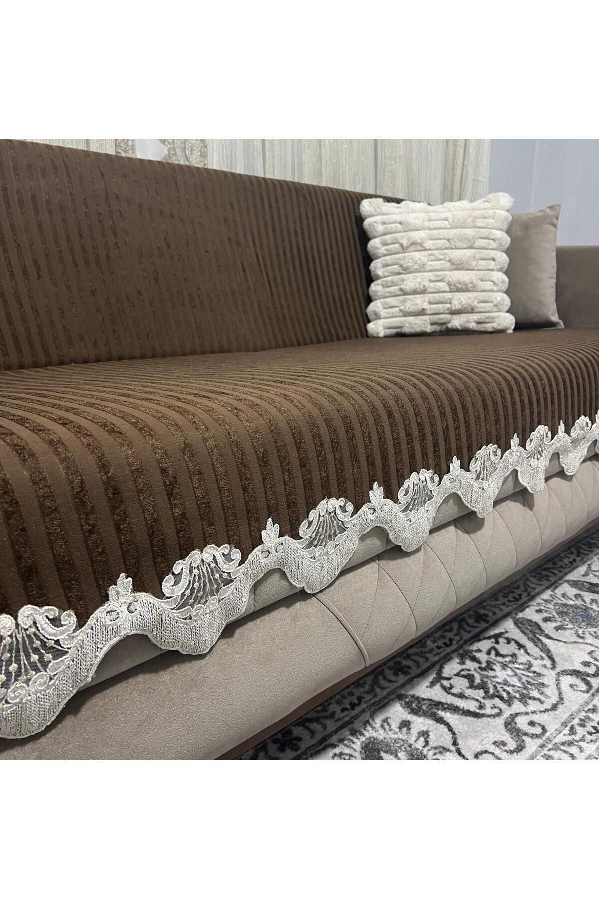 DECORA CASA HOME COLLECTİON Dantelli Çizgili Süngerli Kadife Kaymaz Çekyat Koltuk Örtüsü 170 x 210