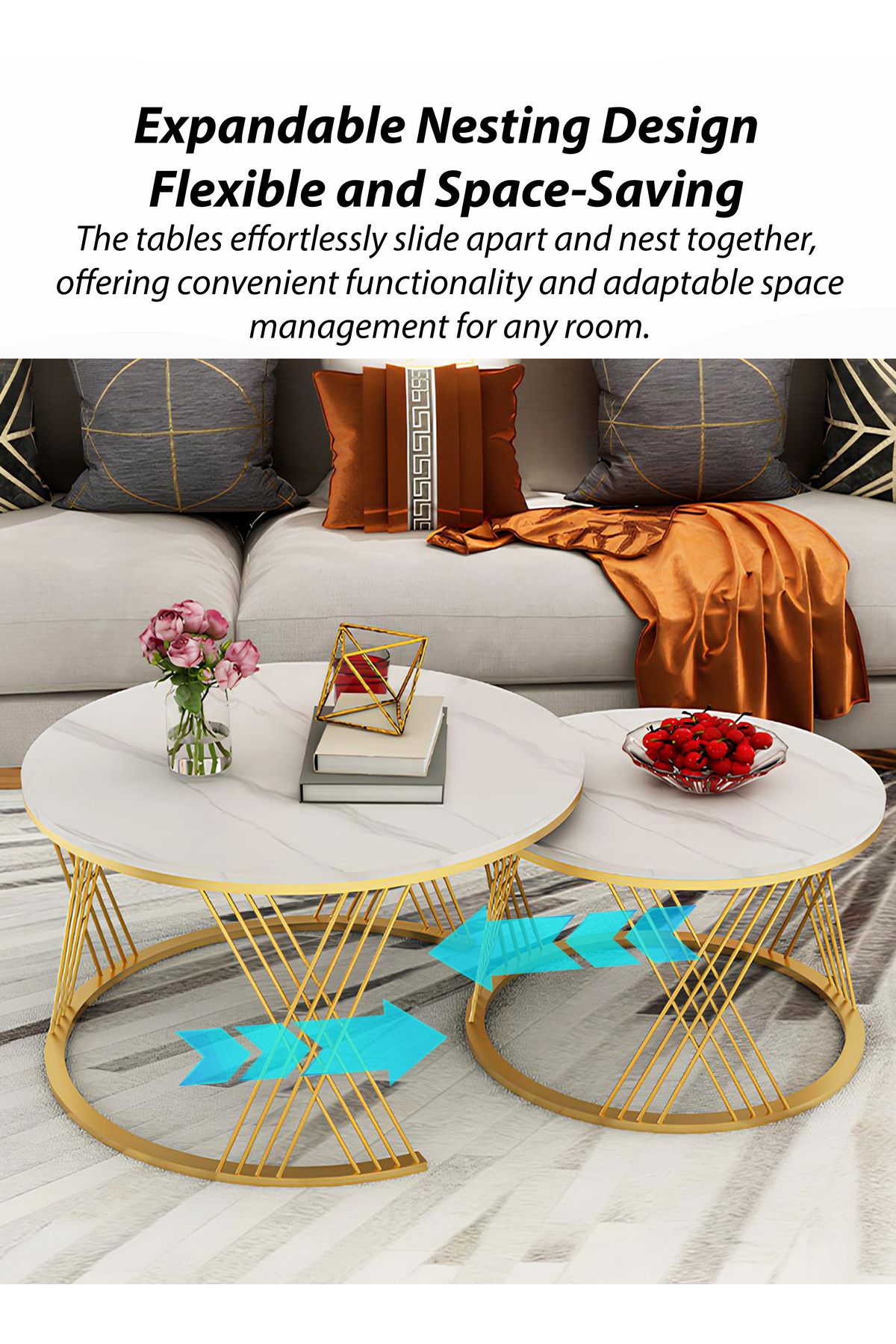 DBLEW-Set of 2 Modern White Faux Marble Finish Round Nesting Coffee Table Side Stackable Accent Tea Tables 4
