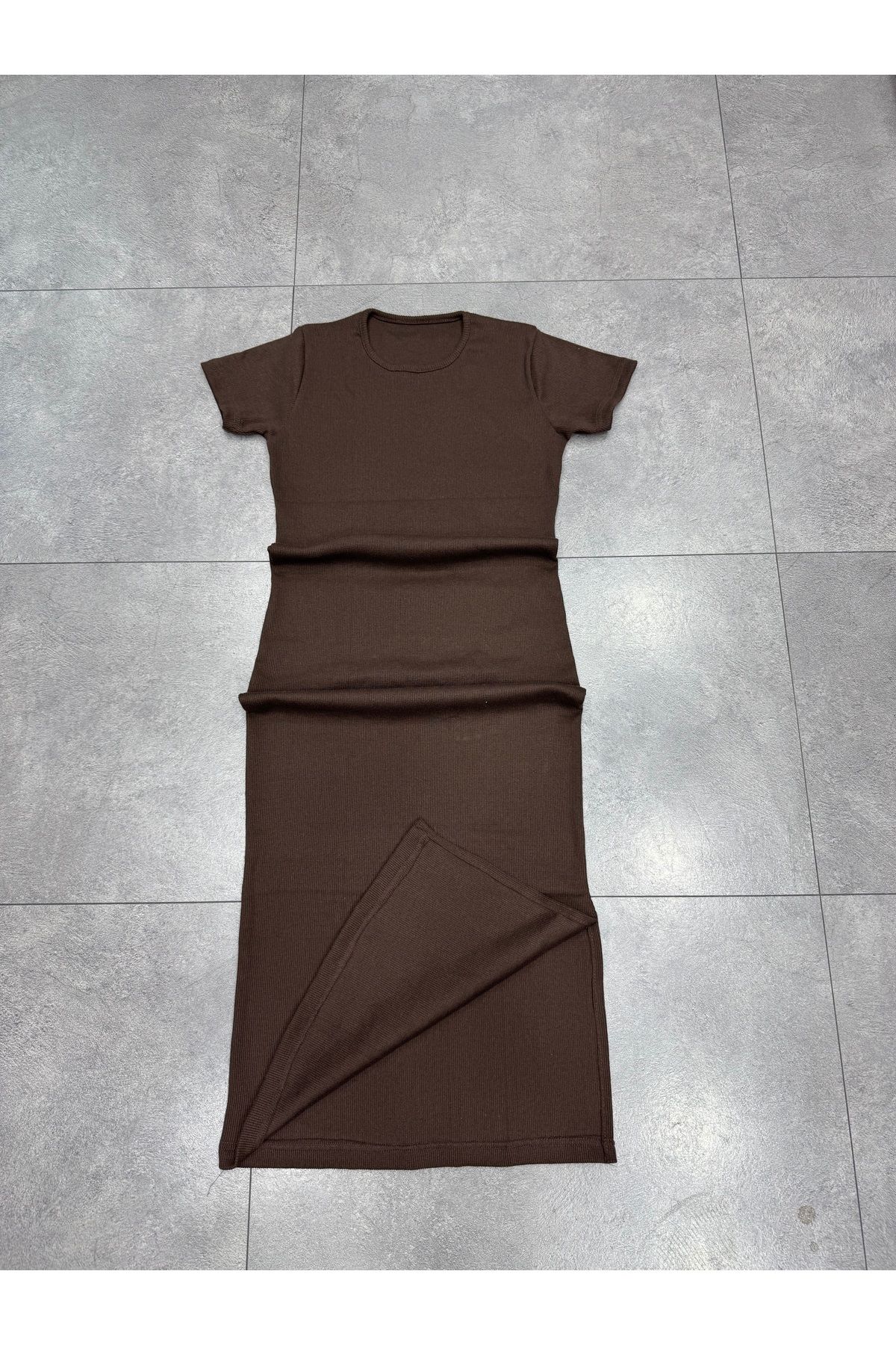 İYMES COLLECTİON Kadın kahve renk yırtmaçlı bisiklet yaka uzun kaşkorse elbise