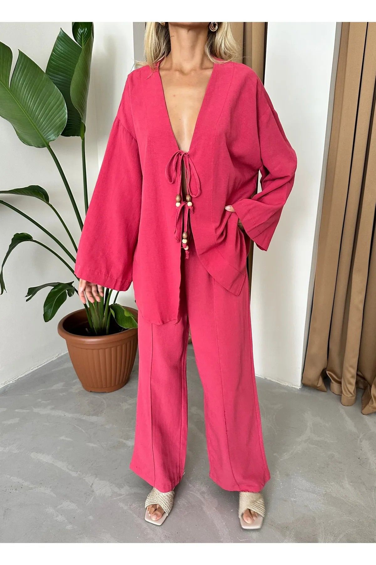 My Blog Vişne Boncuklu Kimono Keten Takım - 8321