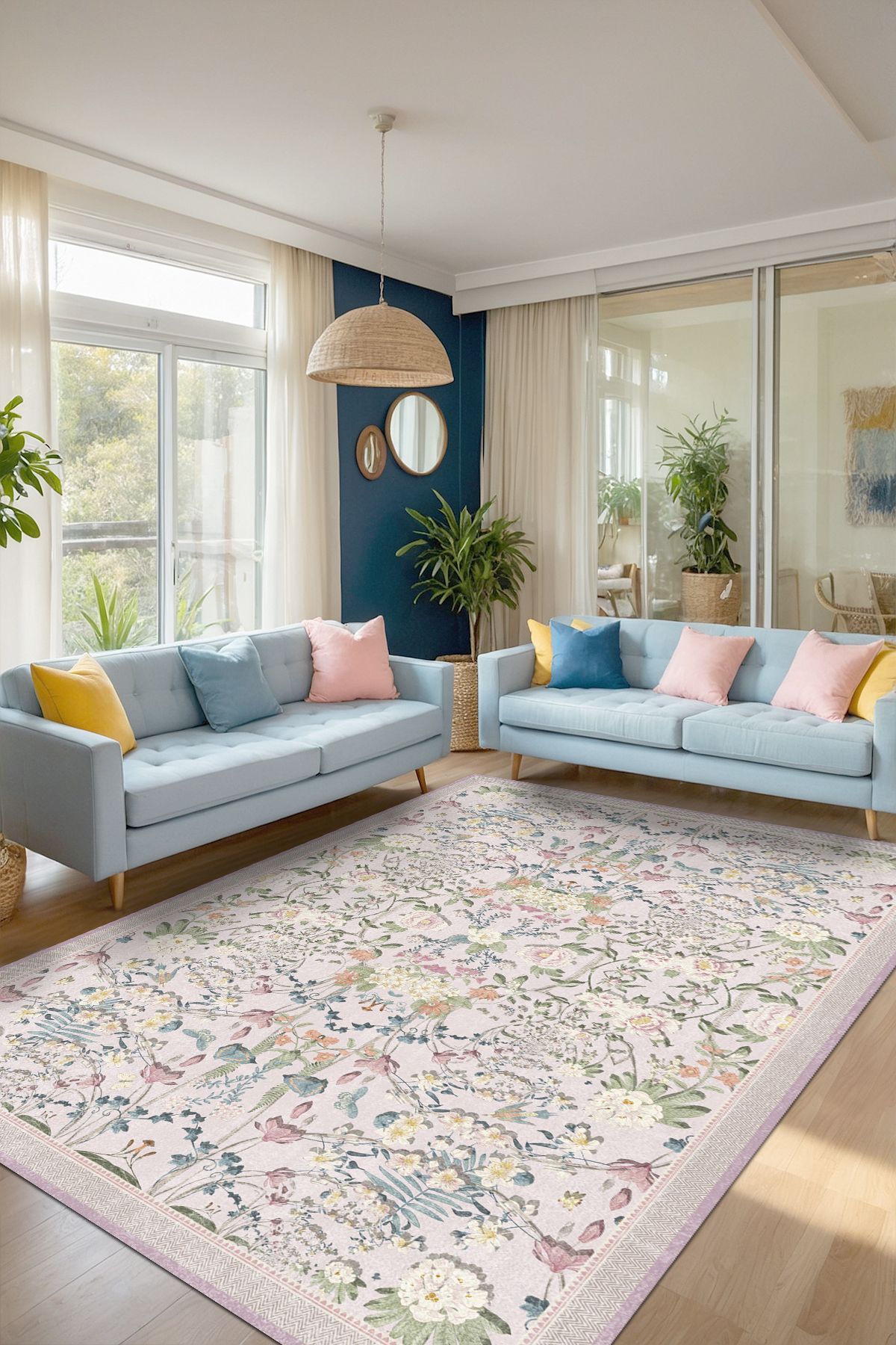 AIDA HOME Arımo Floral Desenli Pamuk Tabanlı Yıkanabilen Kaydırmaz Antibakteriyel Şönil Salon Halısı
