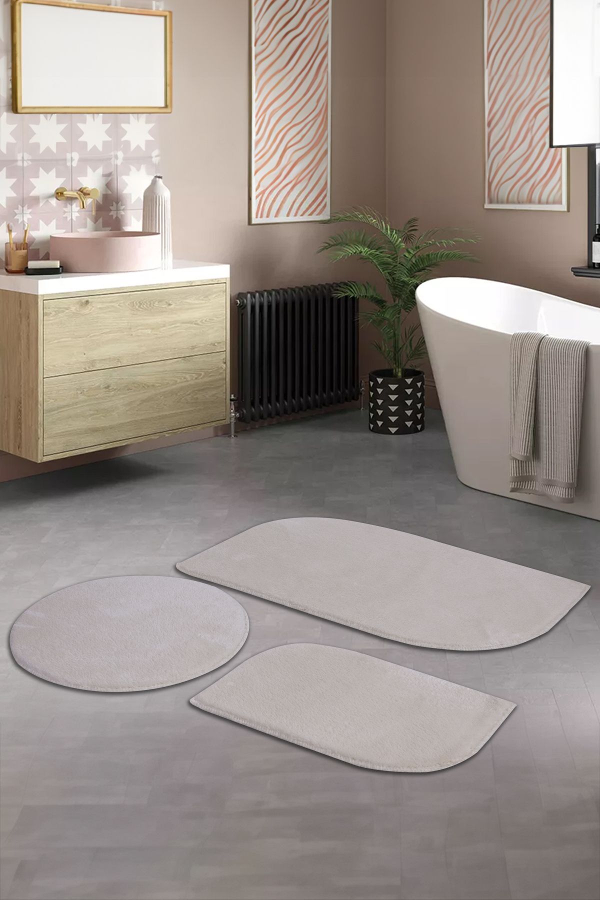 BSB HOME LİVİNG Yumuşak Makinede Yıkanabilir Saçaklı Modern Klozet Takımı Ekru 3'lü set( 60x100-60x60-60x40 )