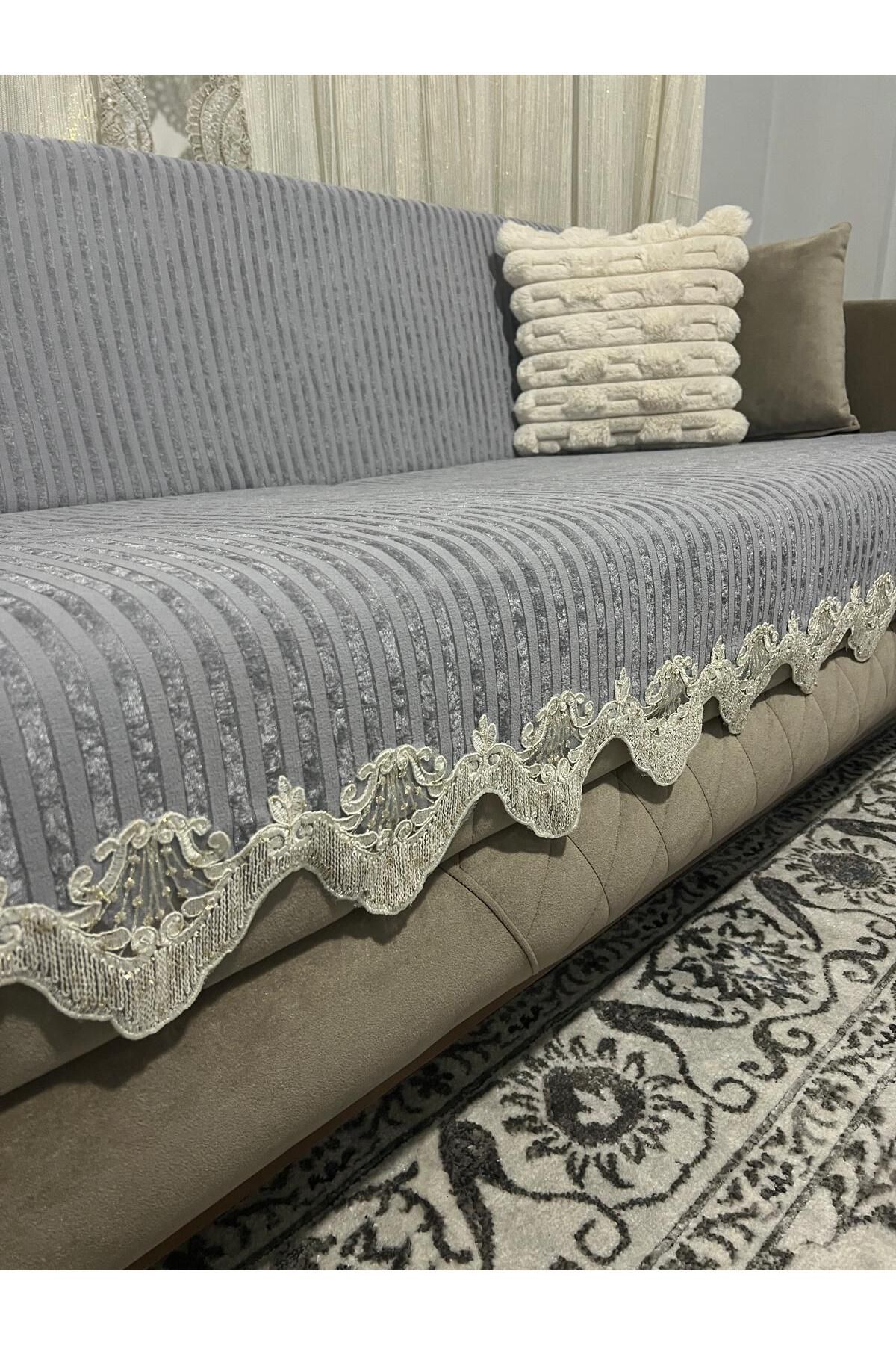 DECORA CASA HOME COLLECTİON Dantelli Çizgili Süngerli Kadife Kaymaz Çekyat Koltuk Örtüsü 170 x 210