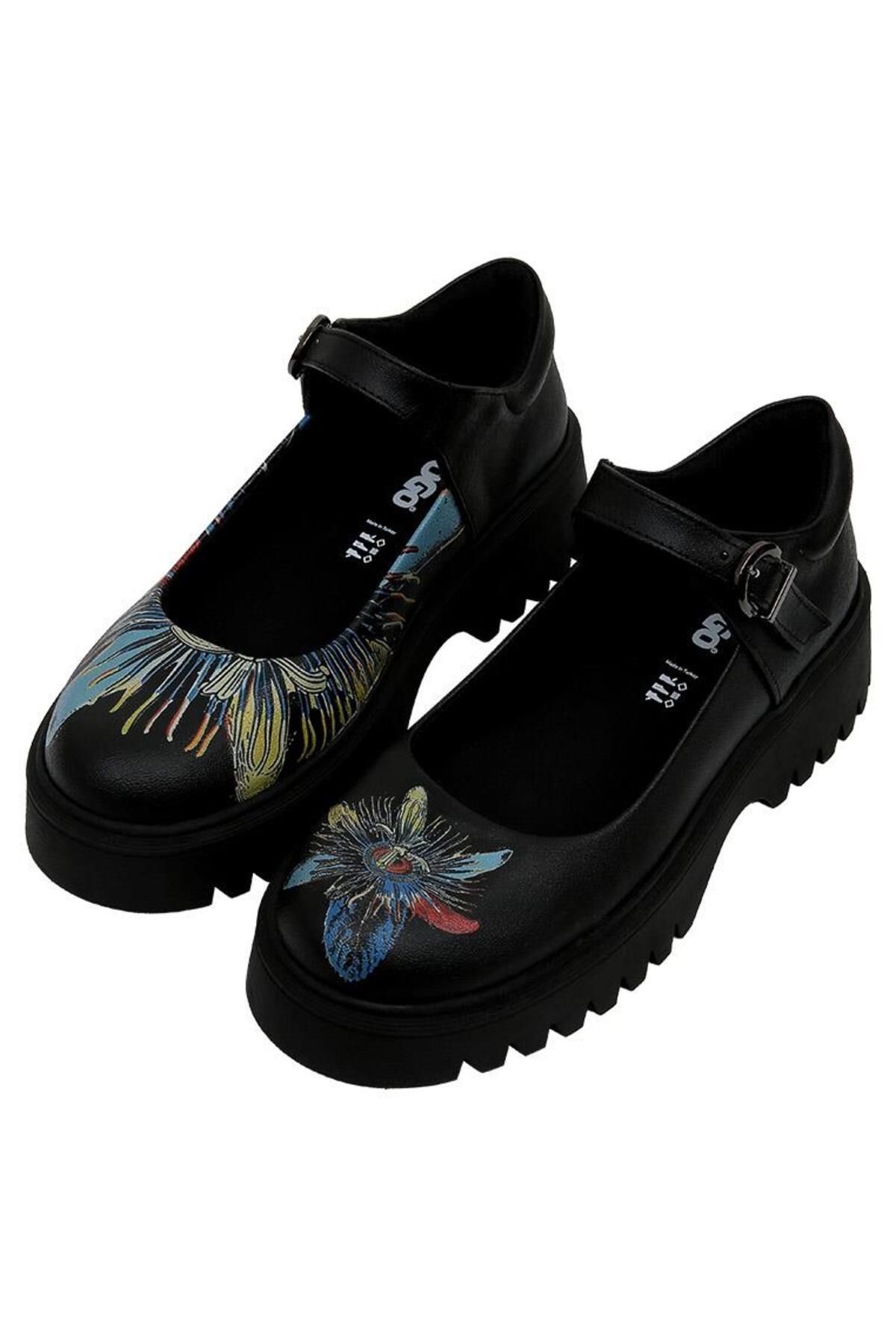 Dogo Kadın Vegan Deri Siyah Mary Jane Loafer - Passion Flower Tasarım