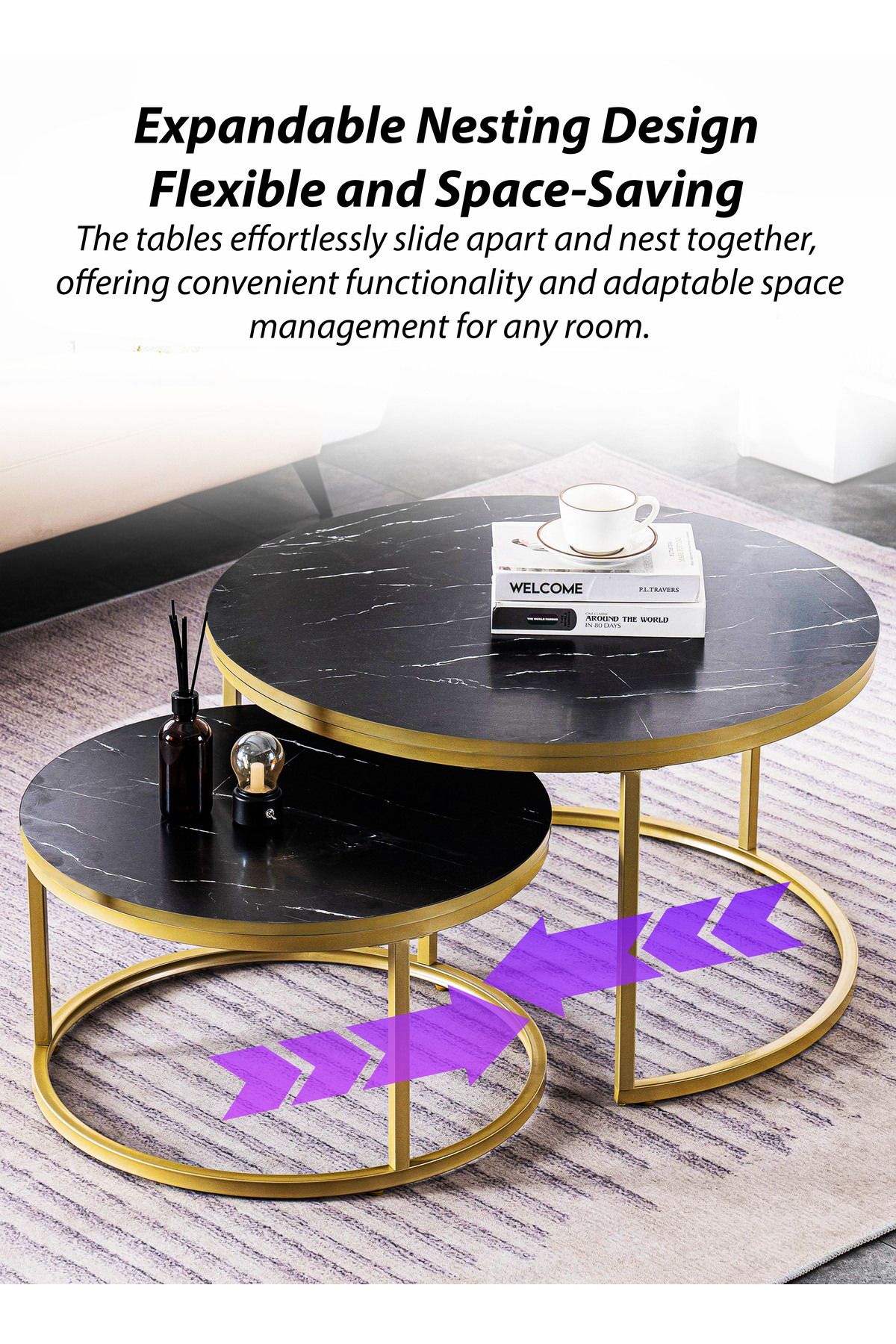 DBLEW-Set of 2 Modern Black Faux Marble Finish Round Nesting Coffee Table Side Stackable Accent Tea Tables 5