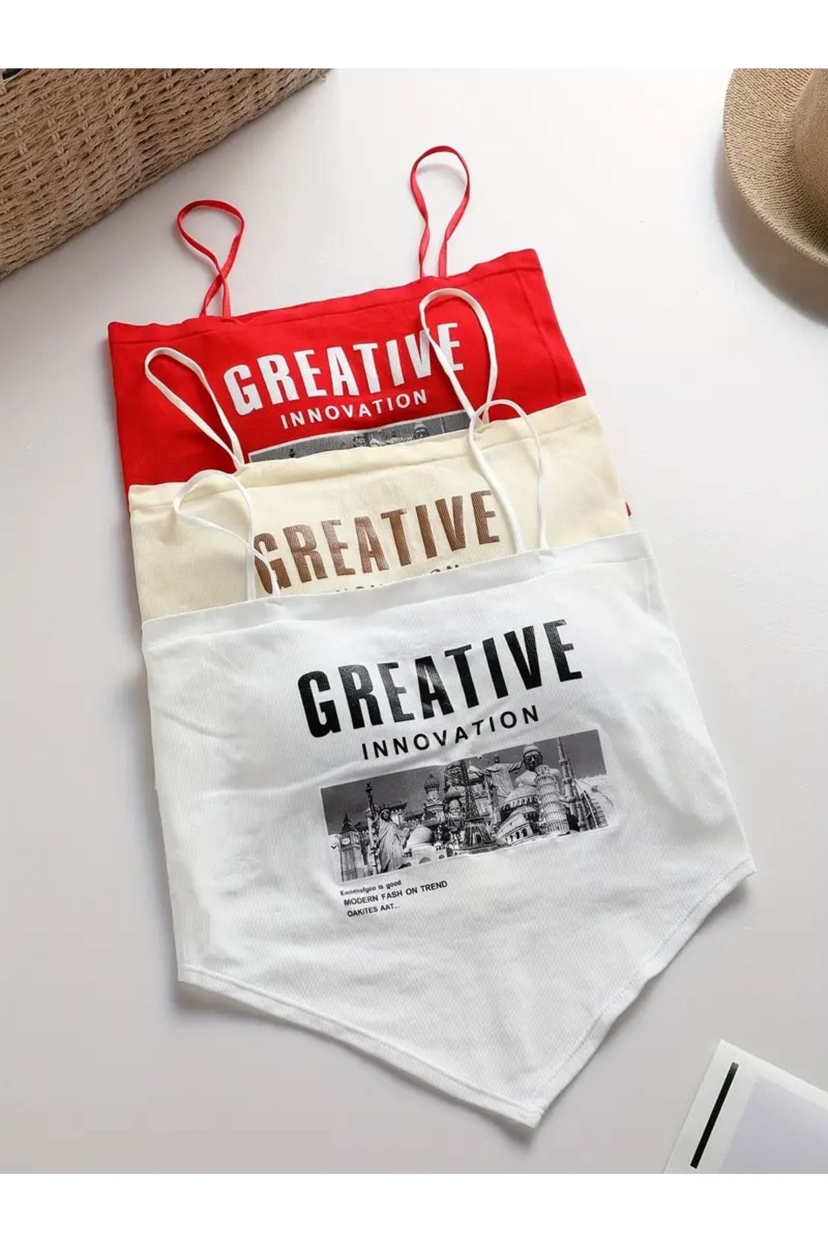 Machetta Kadın Greative Baskılı 3'lü Set Askılı Crop Bluz