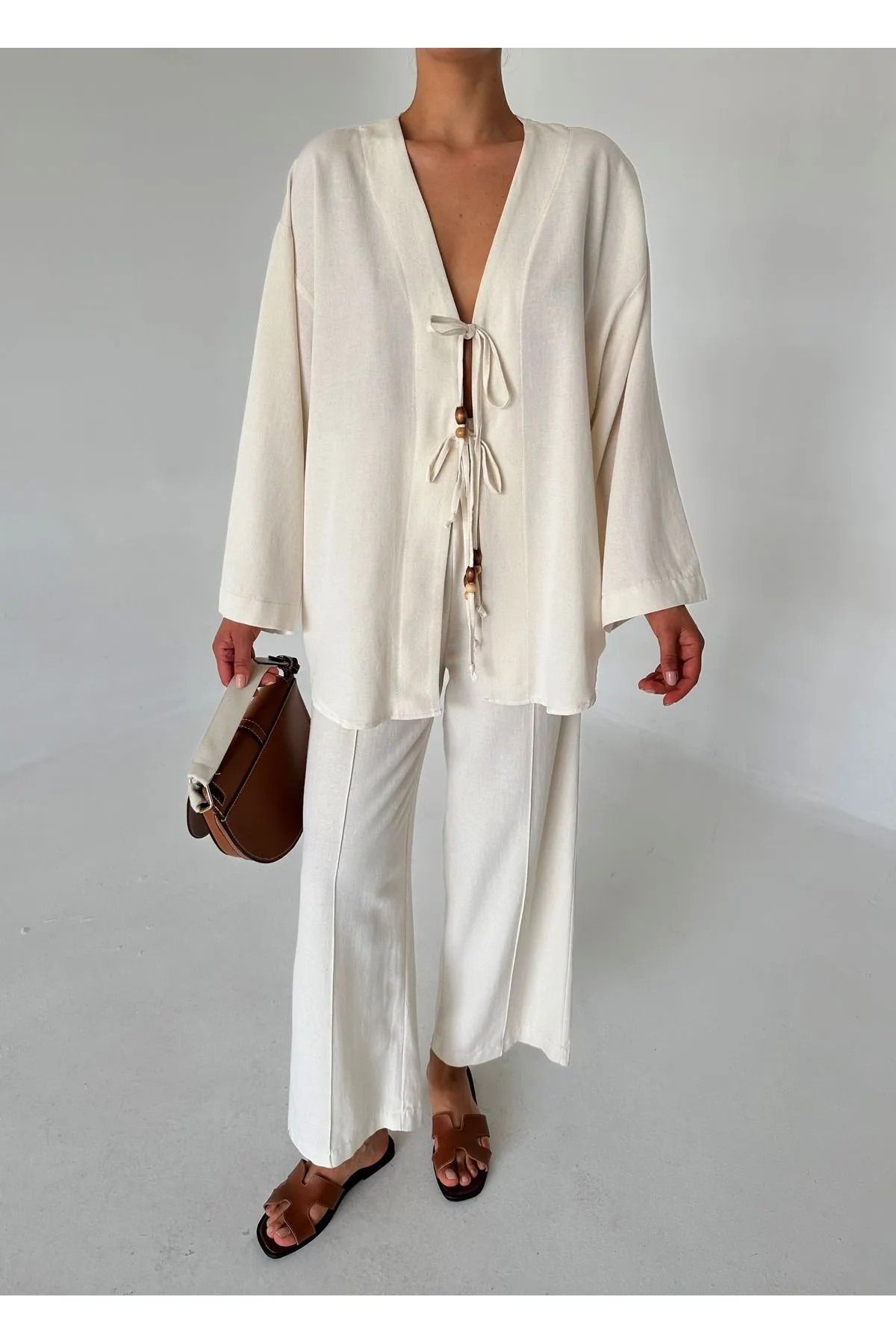 My Blog Natural Boncuklu Kimono Keten Takım - 8321