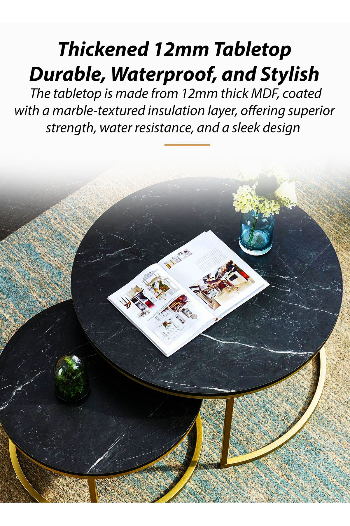 DBLEW-Set of 2 Modern Black Faux Marble Finish Round Nesting Coffee Table Side Stackable Accent Tea Tables 2