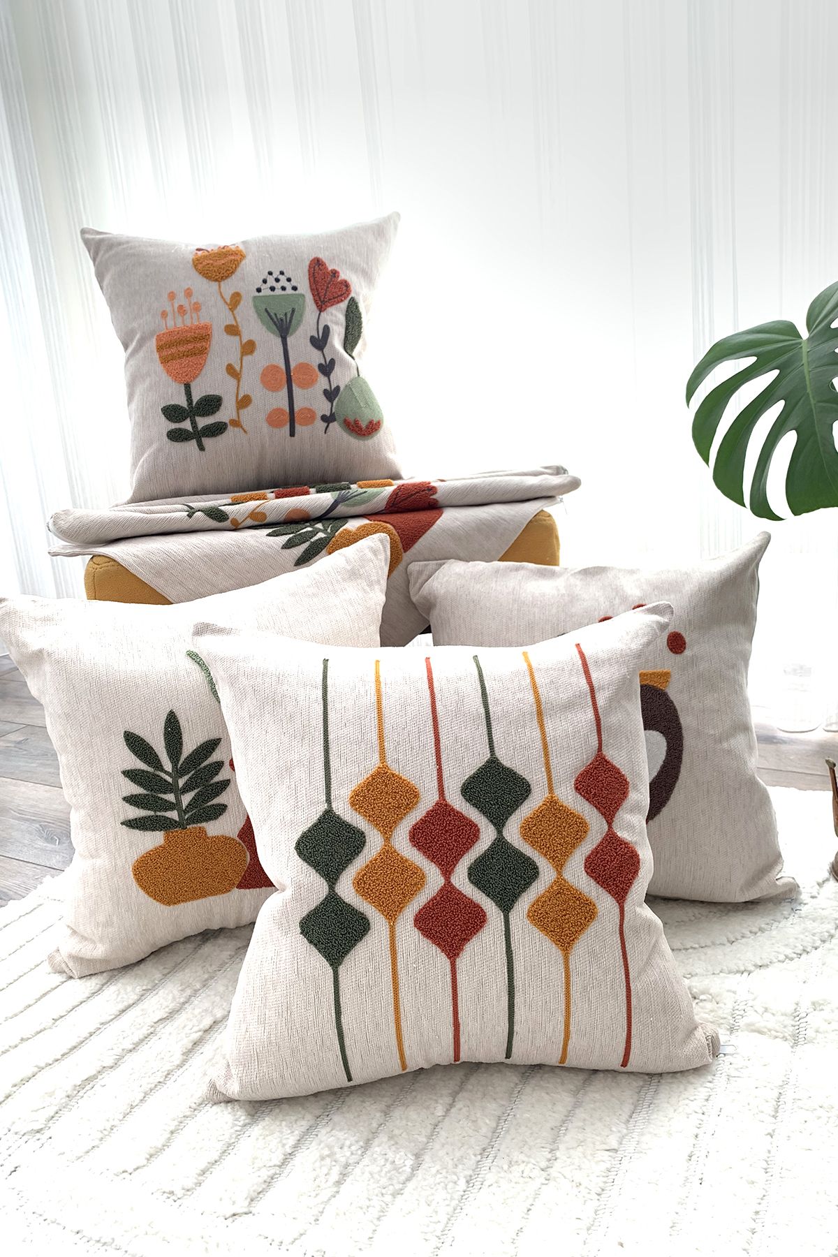 JAPPE Volonte Minimal Boho 4'lü Set Şönil Dokuma Punch Nakış İşleme Bohem 4'lü Kırlent Kılıfı