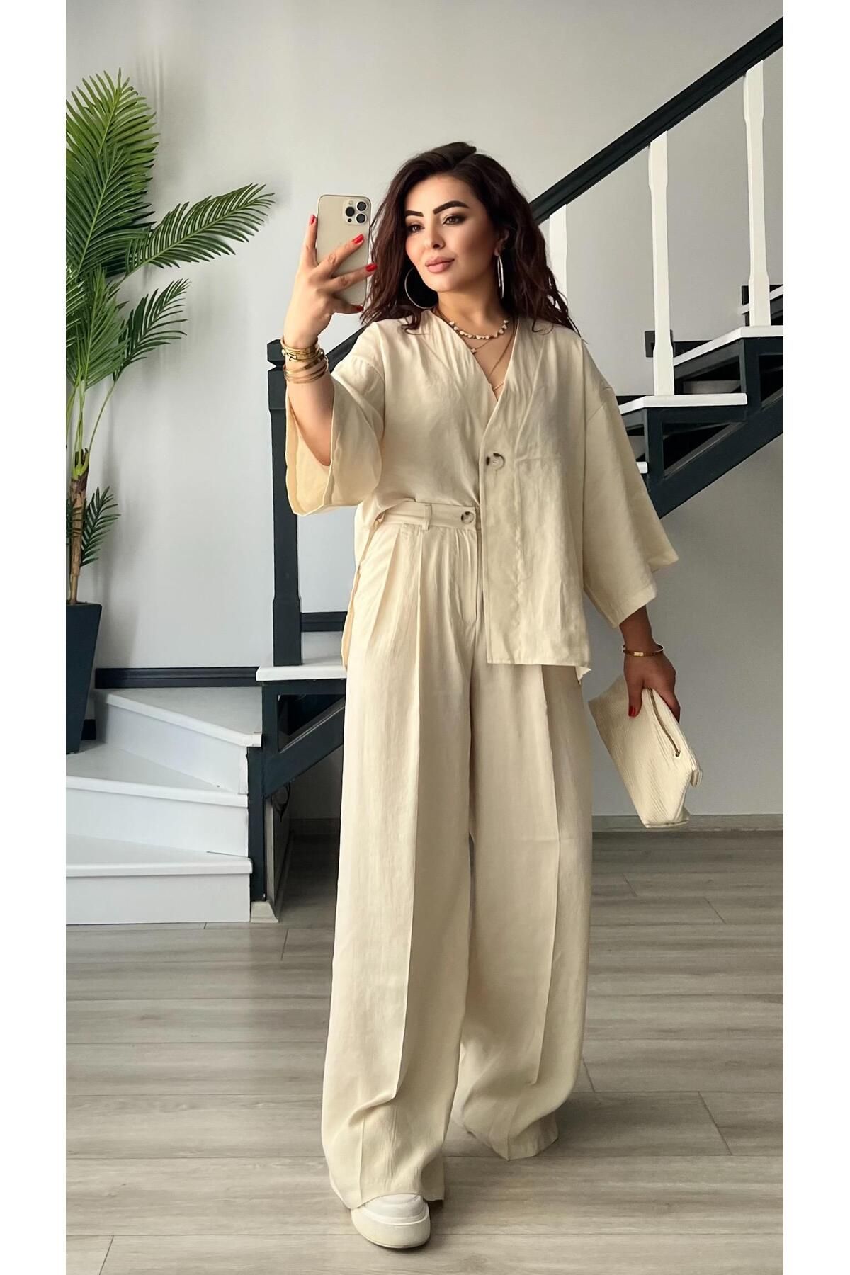 Oslove Taş Tnsel Tek Düğme Bluz-Pantolon Takım
