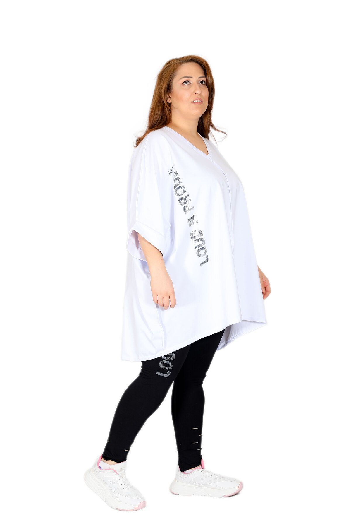 İnsa Fashion V Yakalı, Baskılı, Omuzları Düşük Beyaz Tunik
