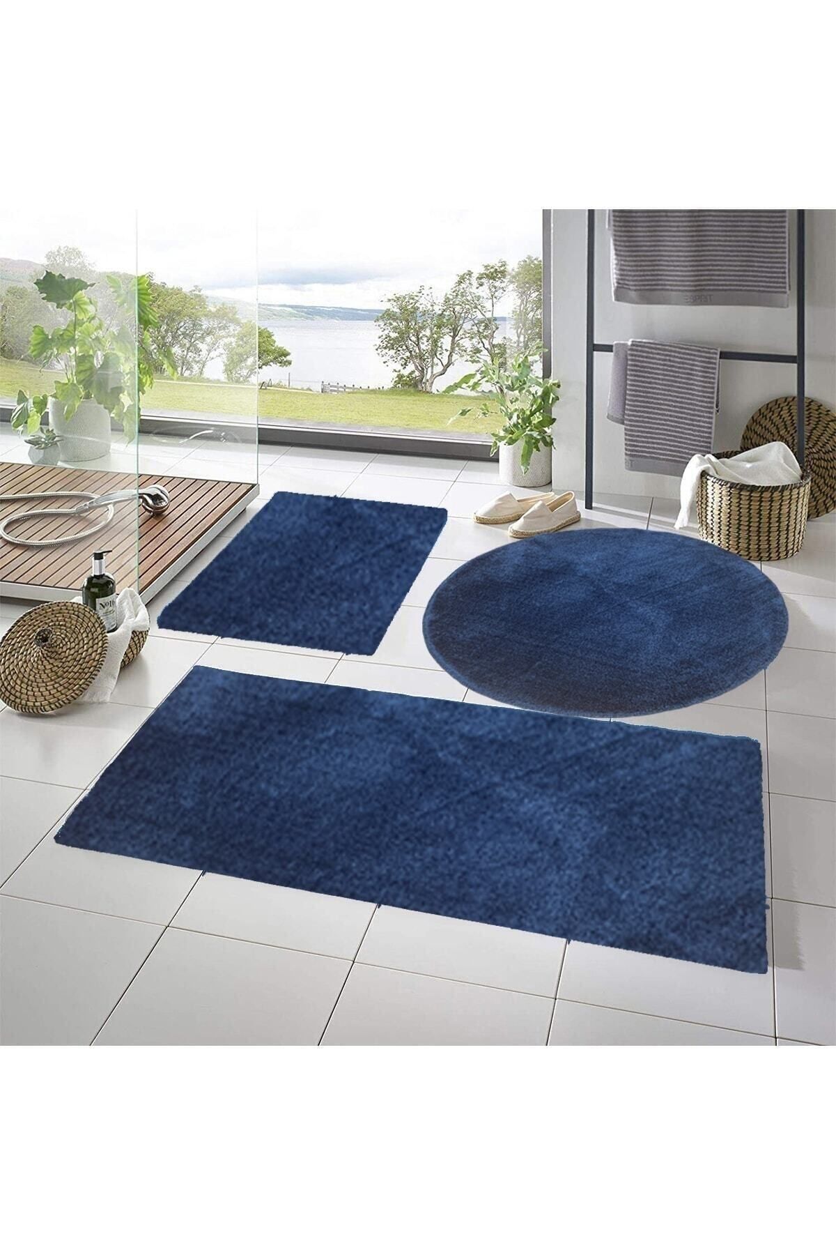 BSB HOME LİVİNG Yıkanabilir Kaymaz Taban Post Peluş Banyo Paspası Üçlü Takım Mavi(60X100-60X60-60X40)