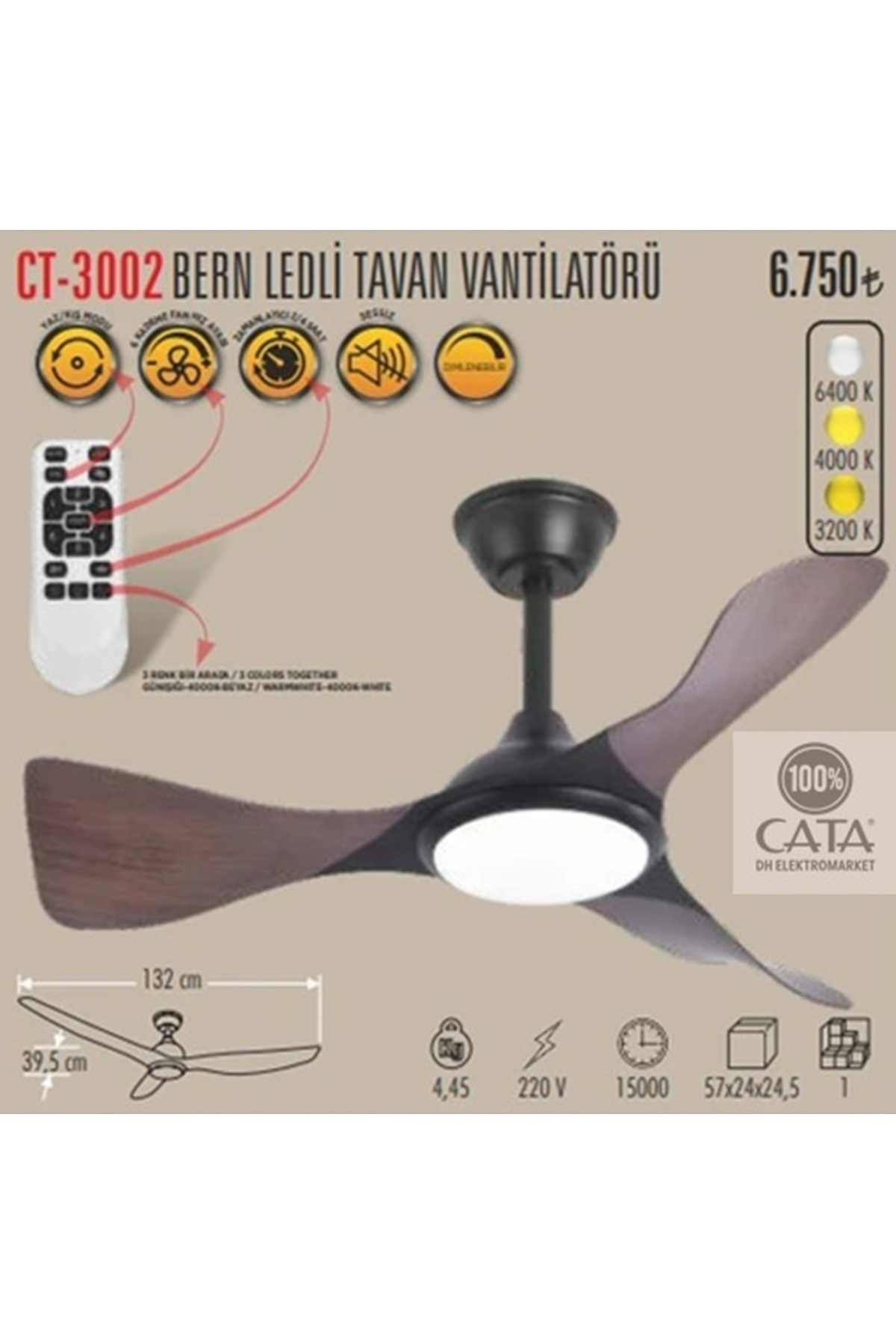 Cata Bern Ledli Tavan Vantilatörü Ahşap Görünüm CT-3002 - Fiyatı, Yorumları