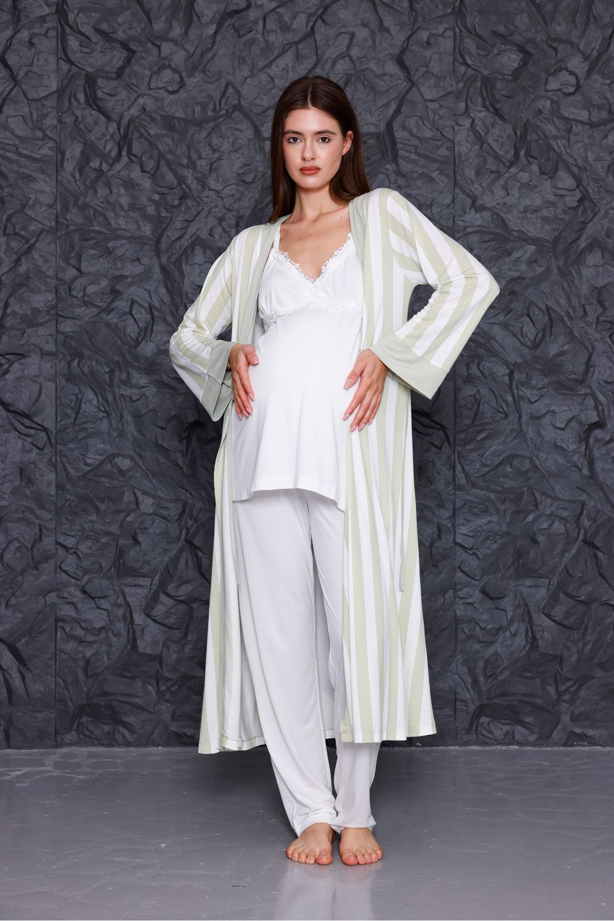 Yulem Homewear Yeşil Askılı Çizgili Emzirme Özellikli Lohusa Hamile Sabahlıklı 3'lü Pijama Takım Set