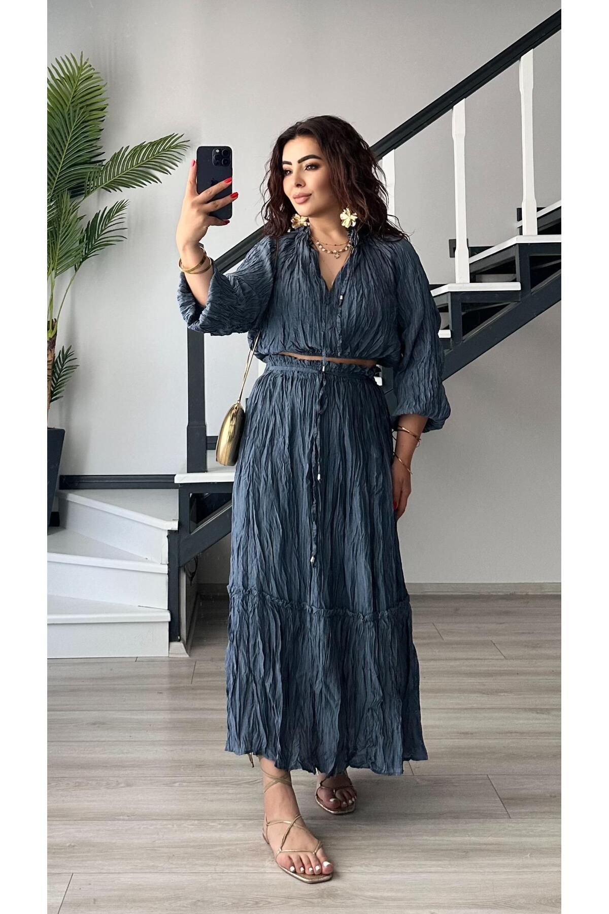 Oslove Marka İndigo Kıraşlı Bluz Etek Takım