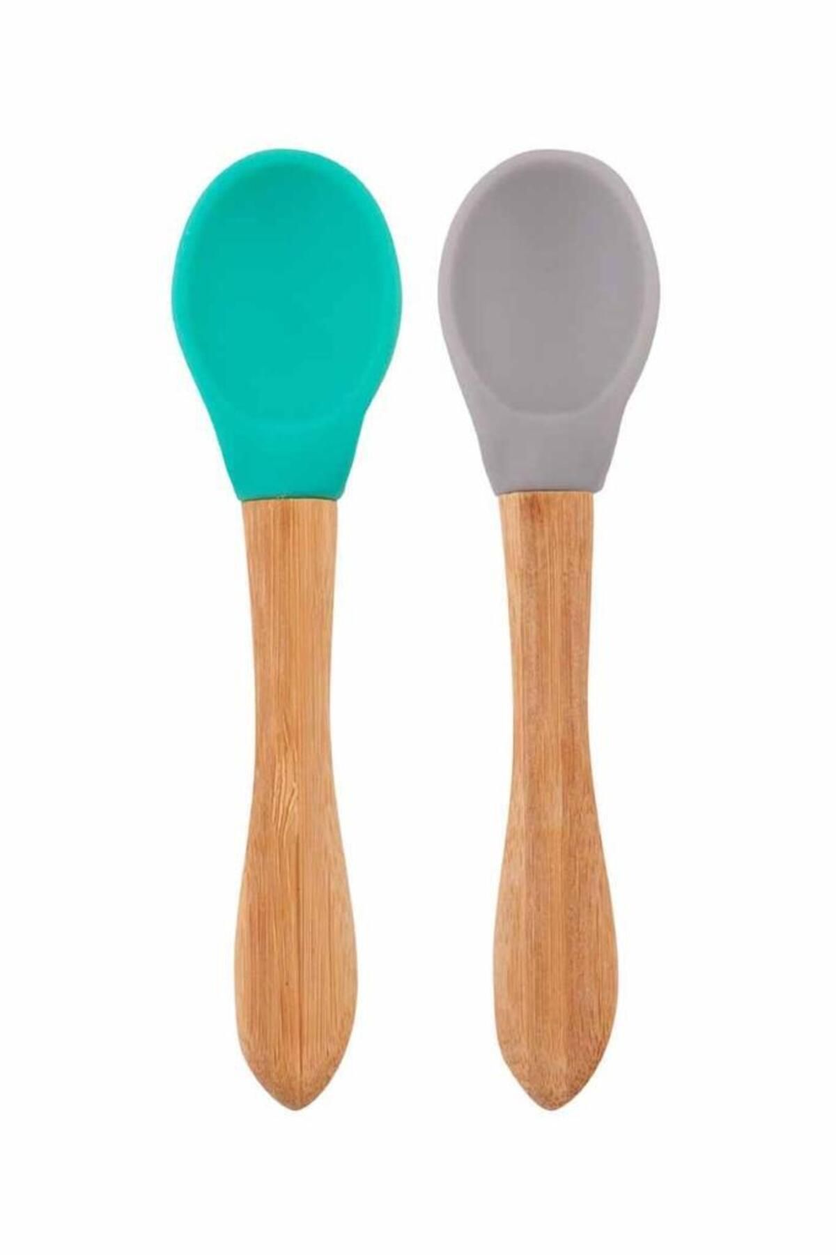 NW NessiWorld Nessiworld Bambu Saplı Silikon Mama Kaşığı 2li Aqua Green / Powder Grey